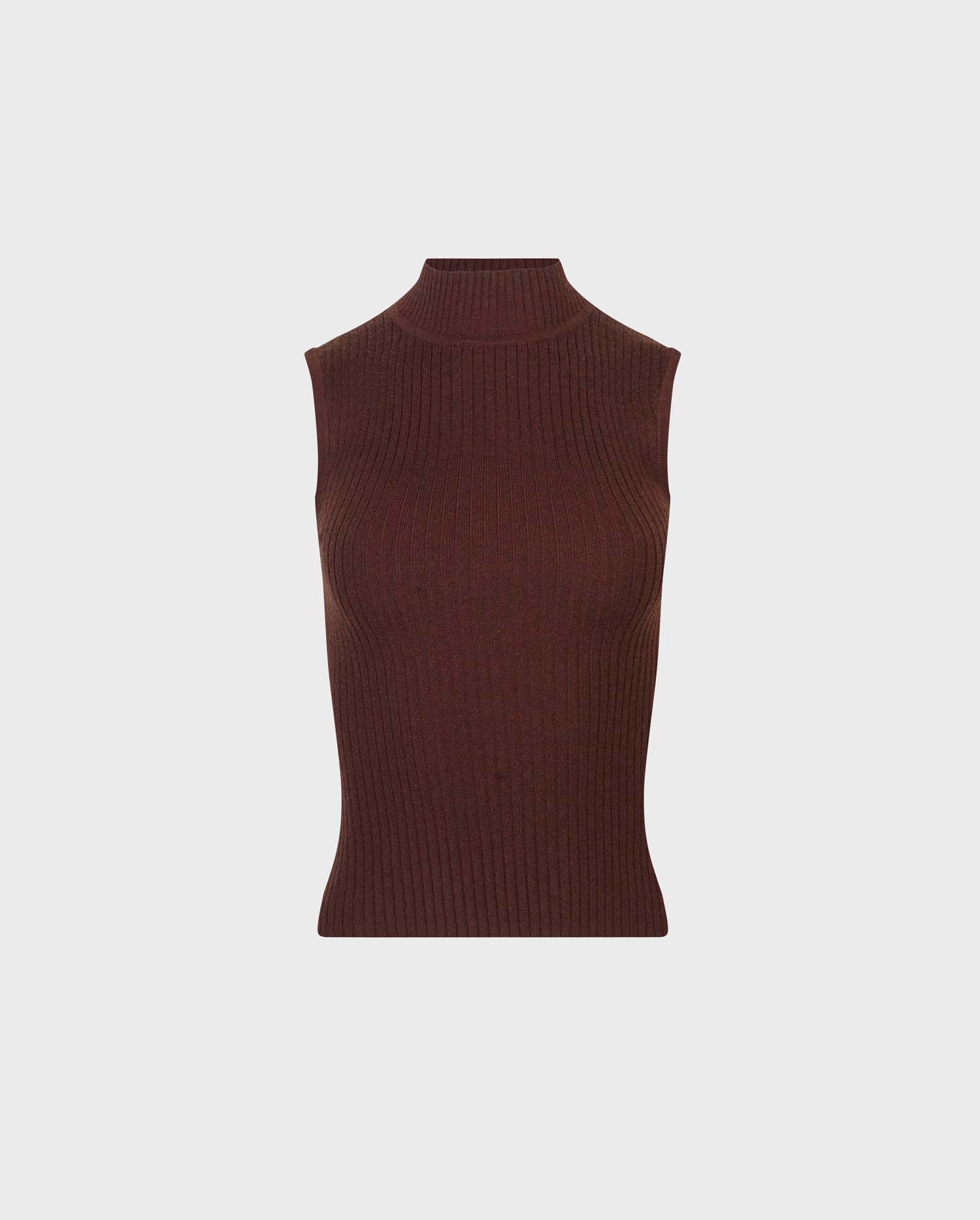 Discover the SOLO Sleeveless Brown Ribbed Knit Mockneck Top