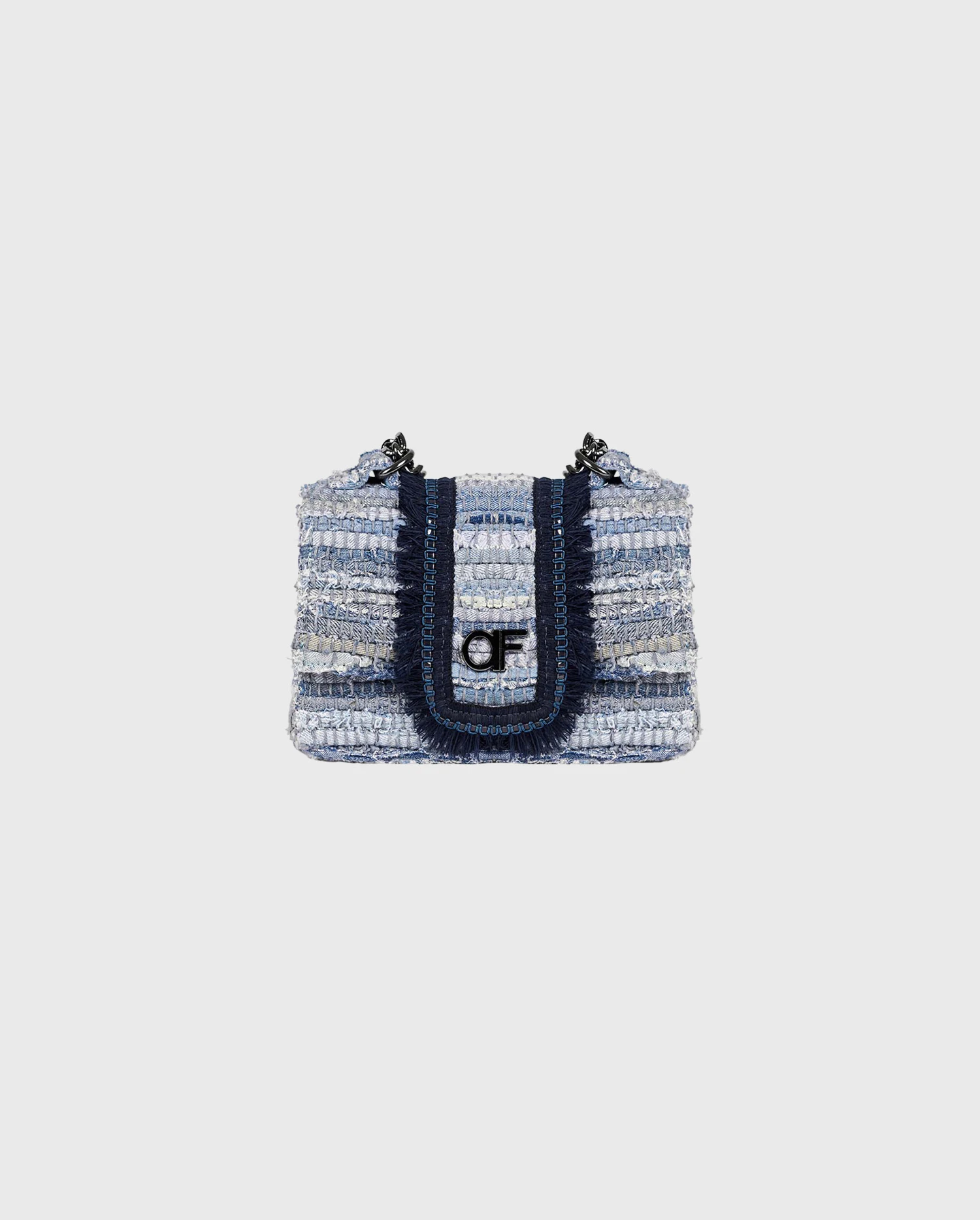 Discover the TALI Handcrafted Bag With Blue Details and a Gunmetal Chain Strap from ANNE FONTAINE