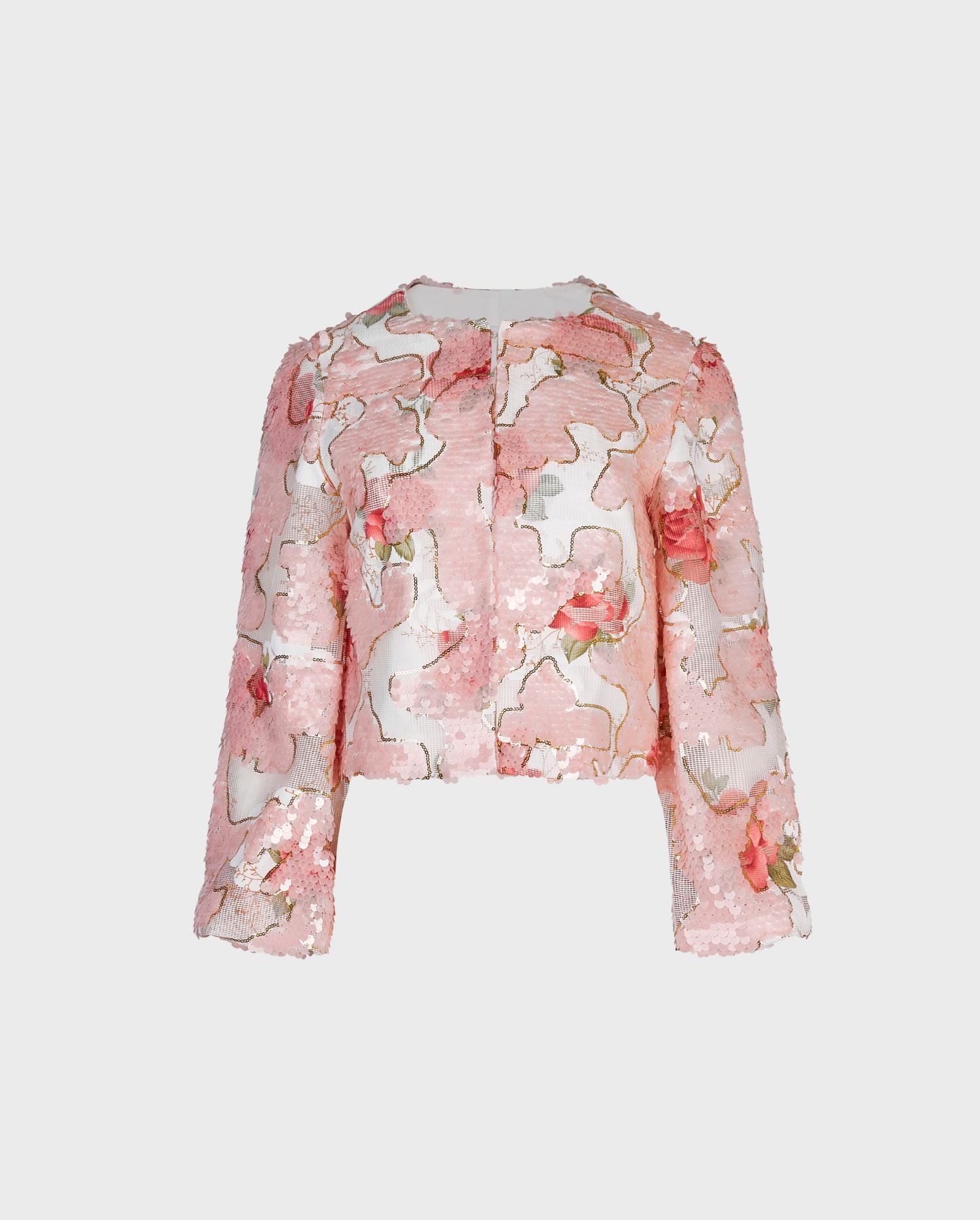 Discover the WATERCOLOR Cropped Jacket With Pink and Gold Sequin Rose Pattern