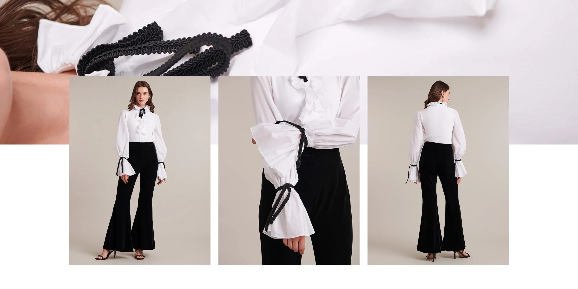 Discover the REINE White Poplin Ruffled Blouse With Black Ribbon Ties at the Neck and Cuffs from ANNE FONTAINE