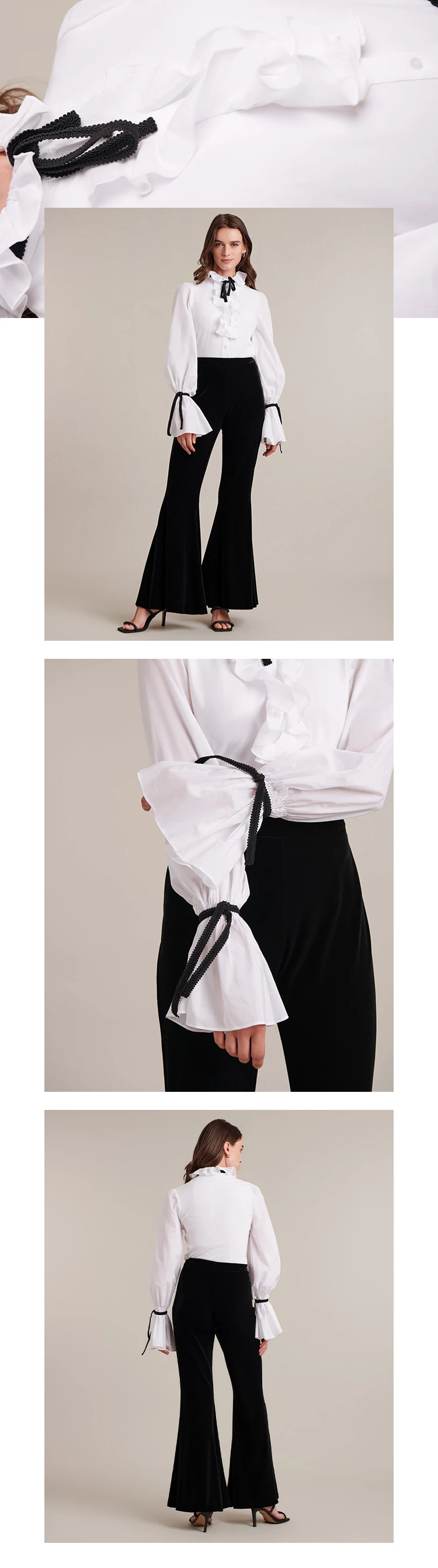 Discover the REINE White Poplin Ruffled Blouse With Black Ribbon Ties at the Neck and Cuffs from ANNE FONTAINE