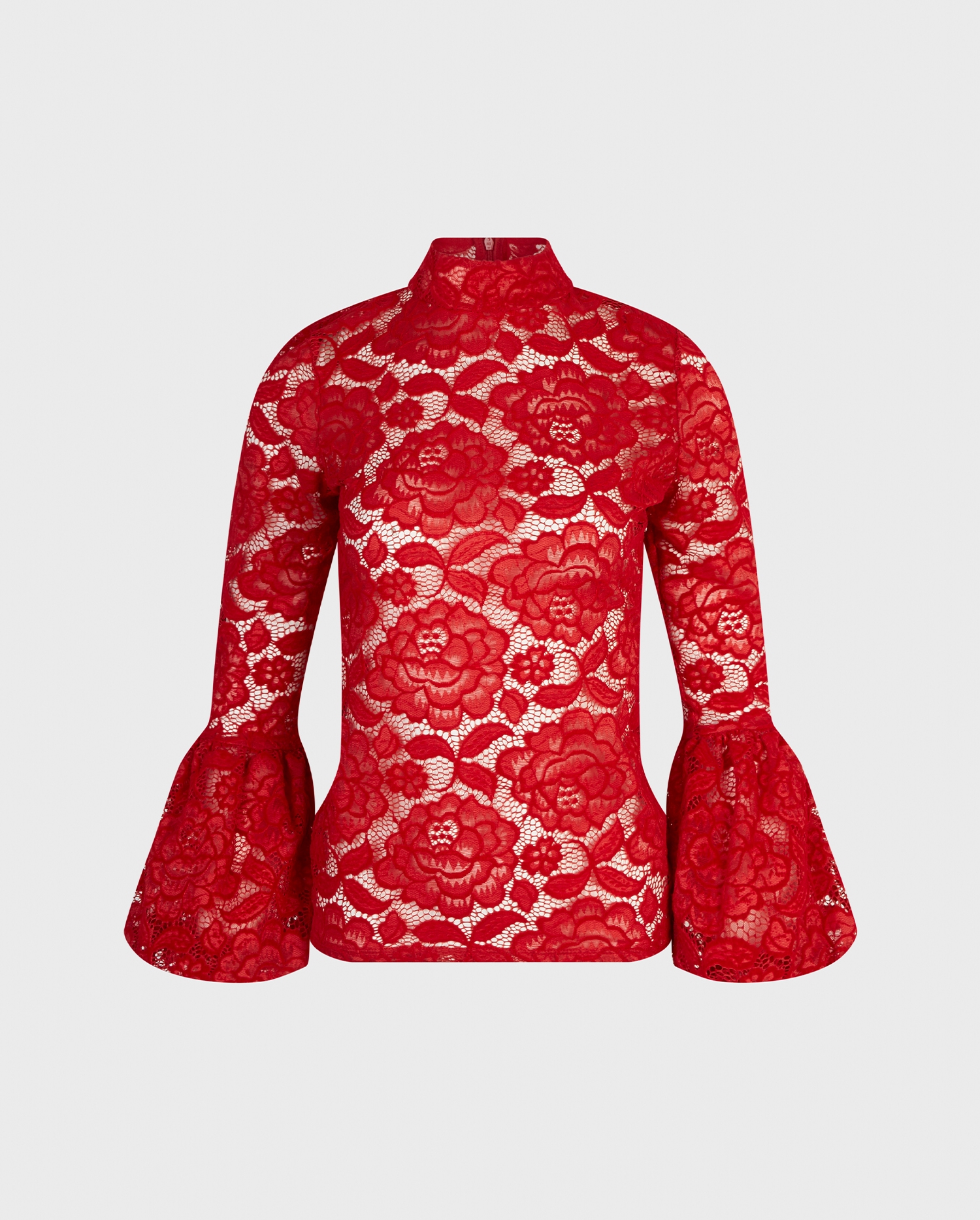 Discover the ABATTINO Poppy Red Long Sleeve Semi Sheer Lace Pullover With Mock Neck from ANNE FONTAINE