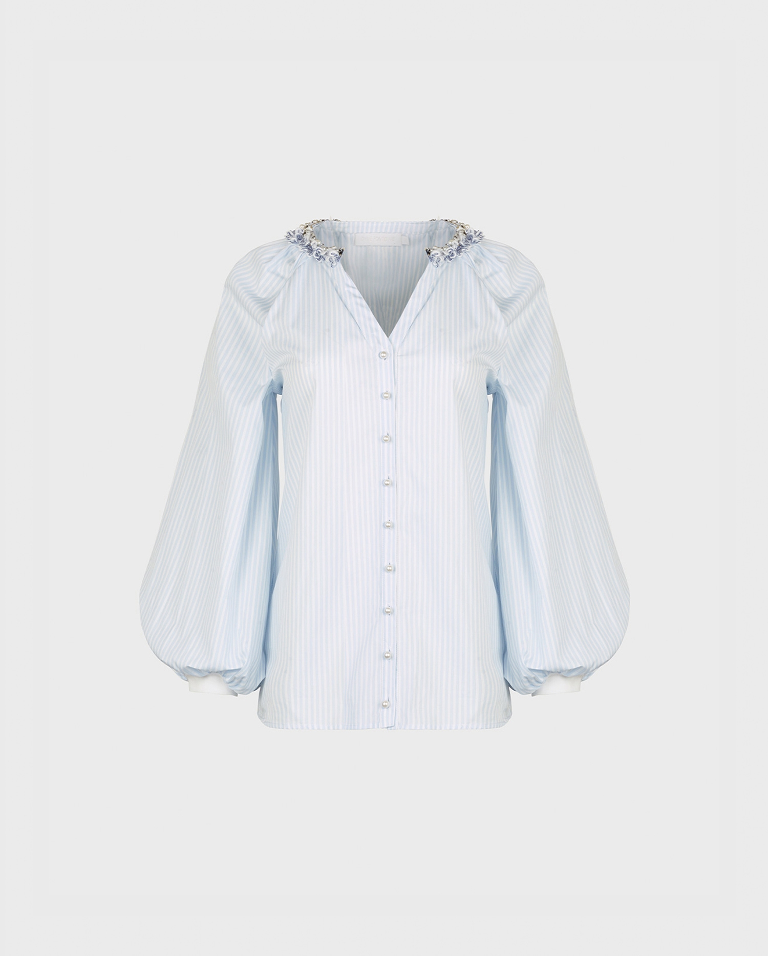 Discover the AIX Blue and White Pinstripe Button Down Shirt With Pearl Detailing Neckline from ANNE FONTAINE