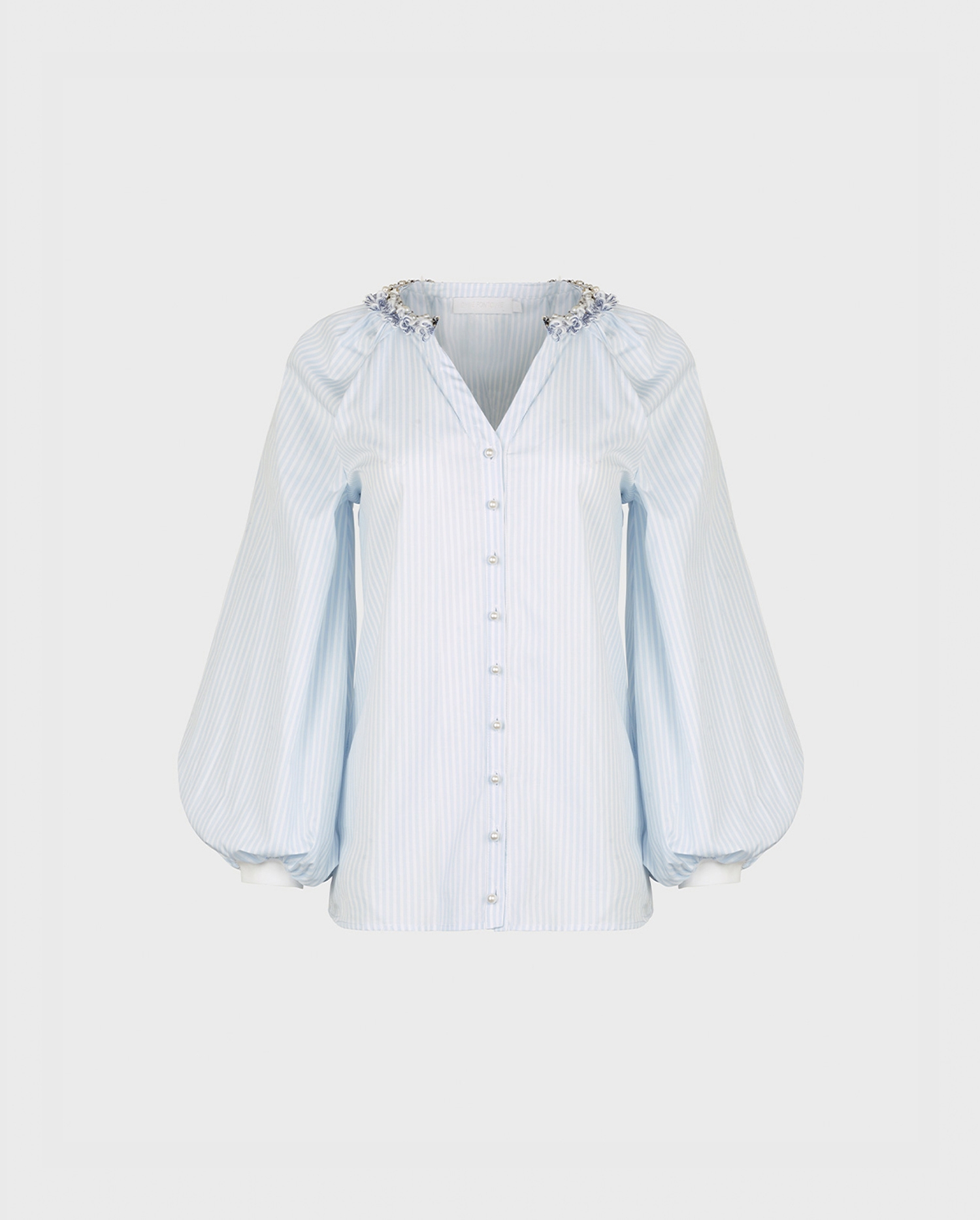 Discover the AIX Blue and White Pinstripe Button Down Shirt With Pearl Detailing Neckline from ANNE FONTAINE