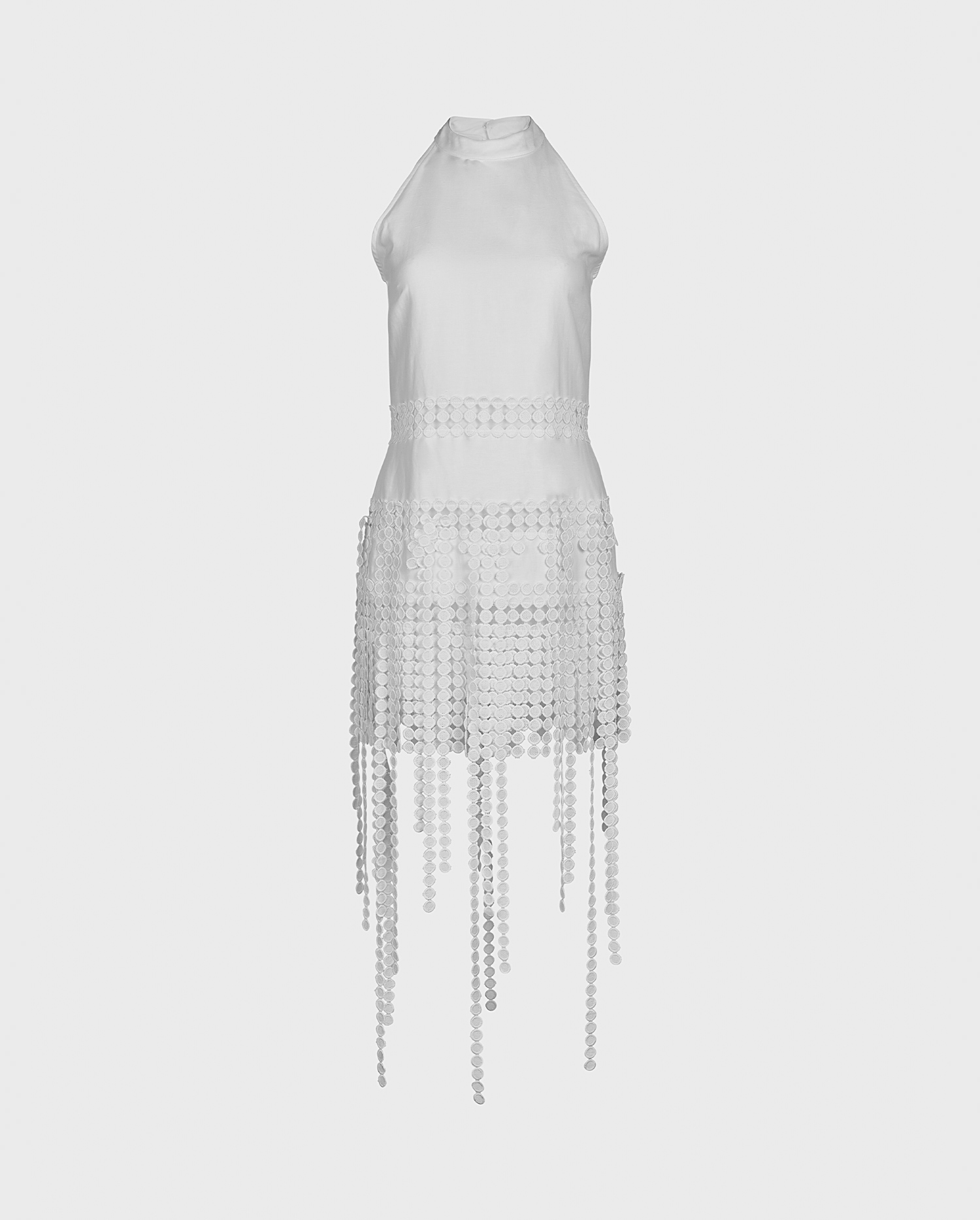 Discover the ALTHEA White Halter Cut Fringe Dress With Circle Lace Inserts from designer ANNE FONTAINE