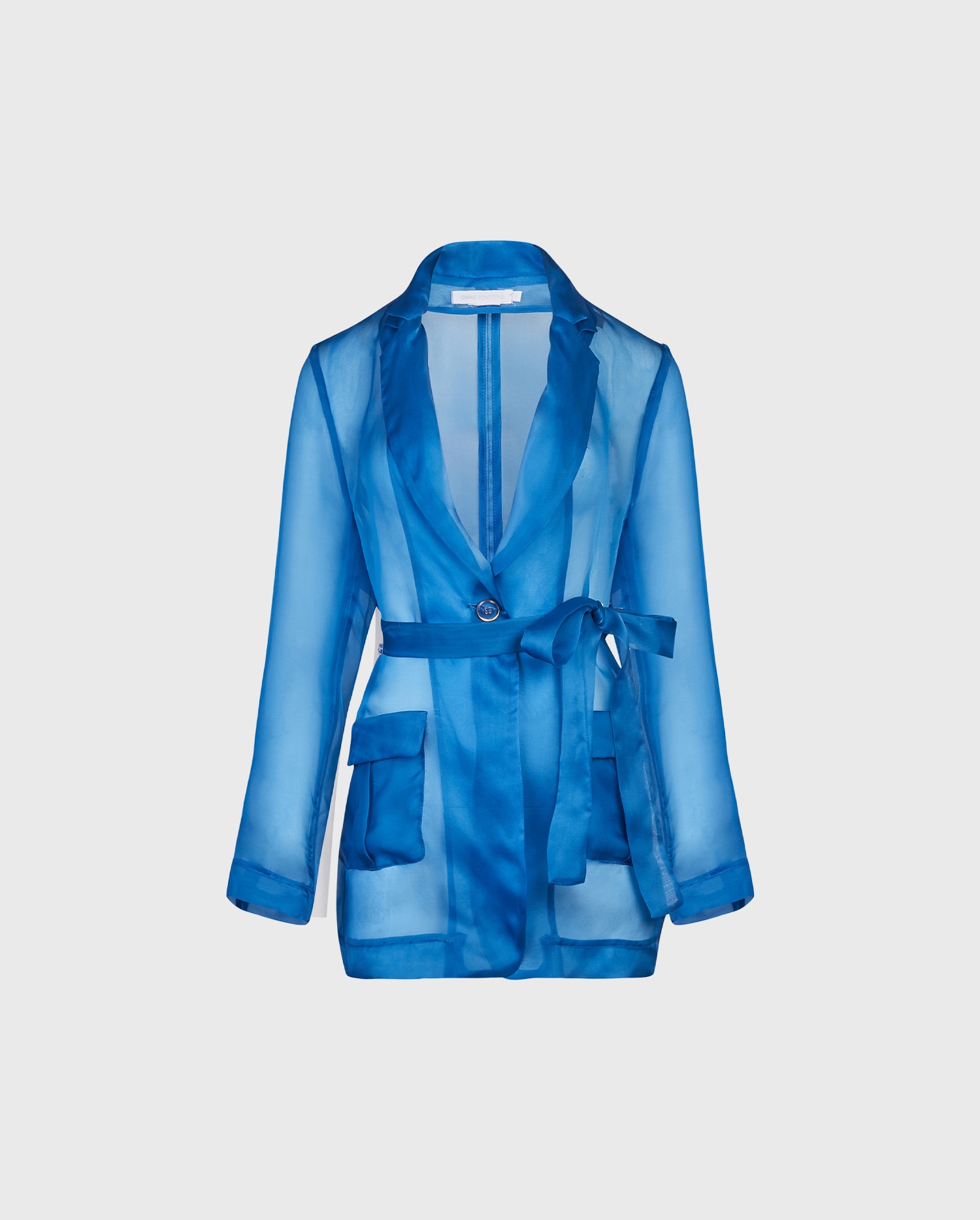 Discover the AZULEJO Blue Long Sleeve Sheer Silk Tuxedo Jacket With Waist Tie Belt from designer ANNE FONTAINE