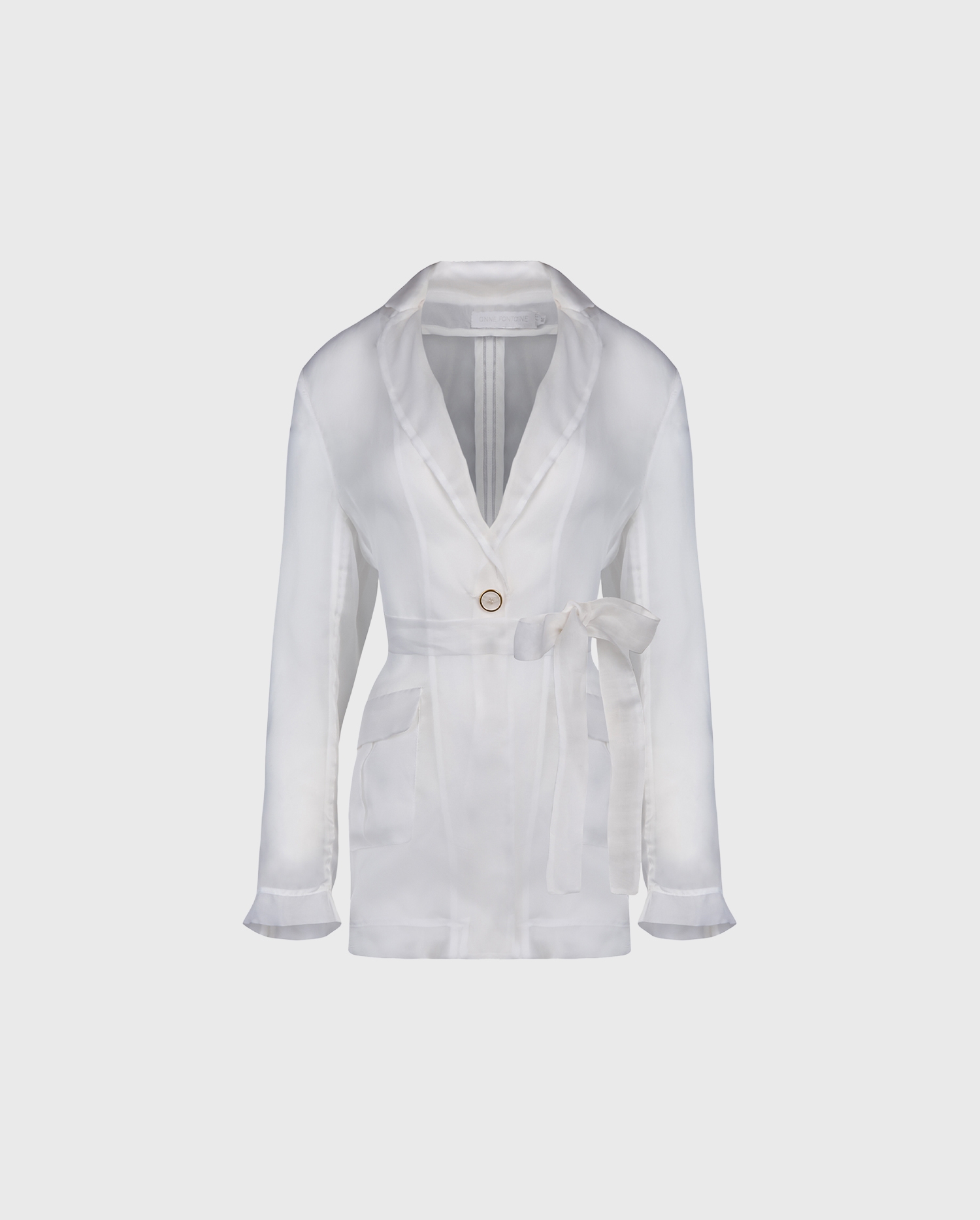 Discover the AZULEJO White Long Sleeve Sheer Silk Tuxedo Jacket With Waist Tie Belt from designer ANNE FONTAINE