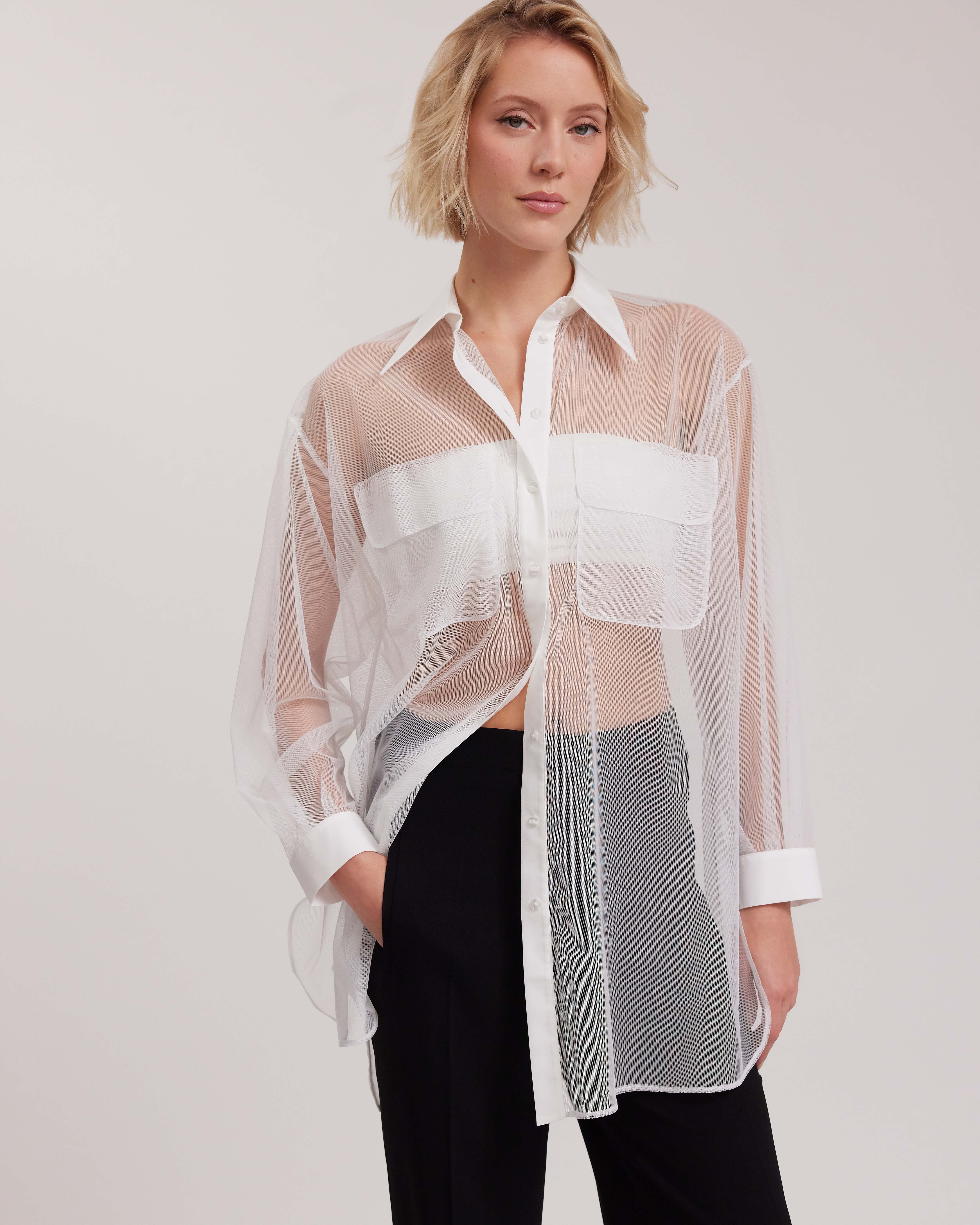 Discover the BRASILIA White Sheer Oversized Shirt With Flap Pockets from ANNE FONTAINE