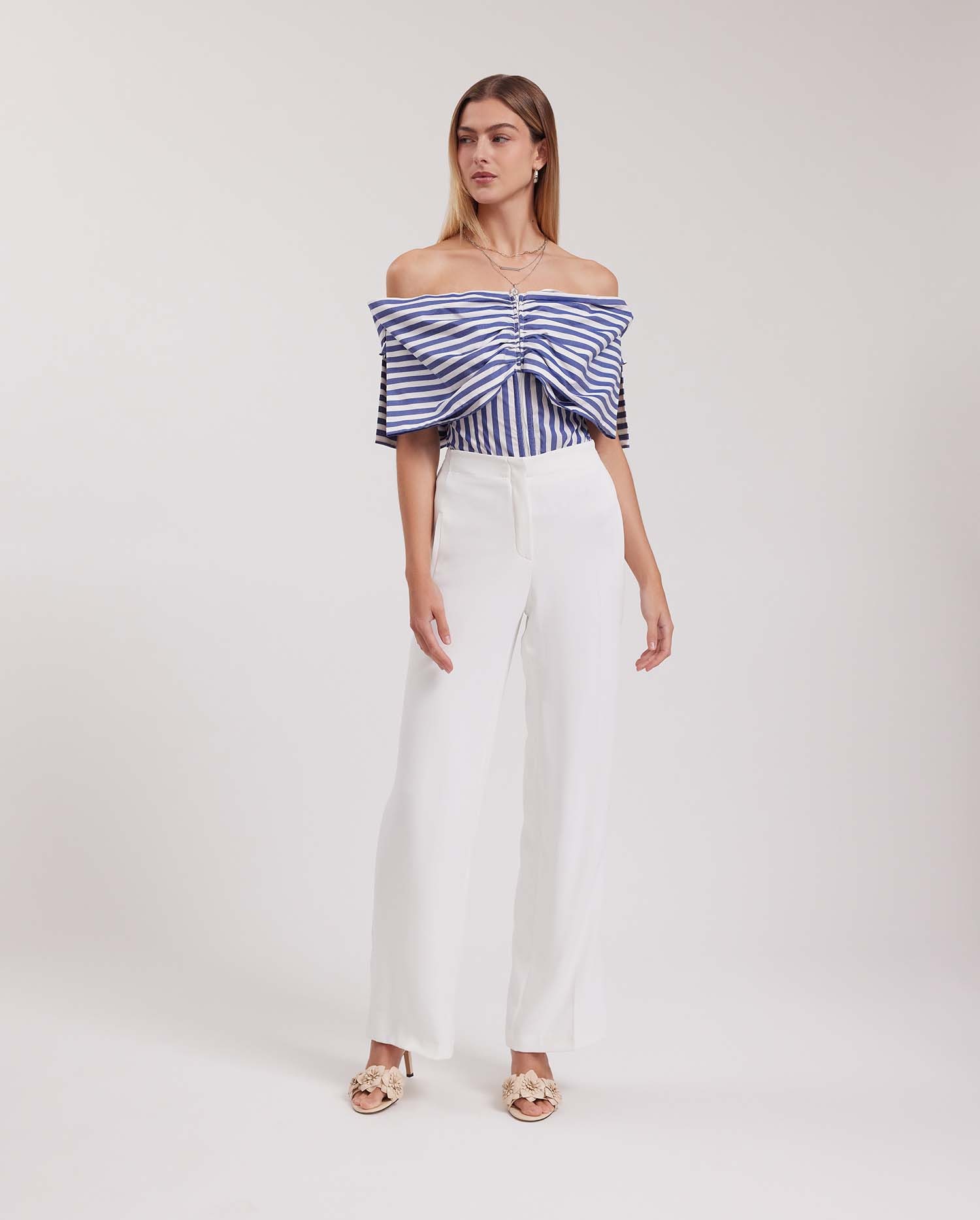 Discover the CHEVALET Blue & White Off The Shoulder Ruched Top from ANNE FONTAINE