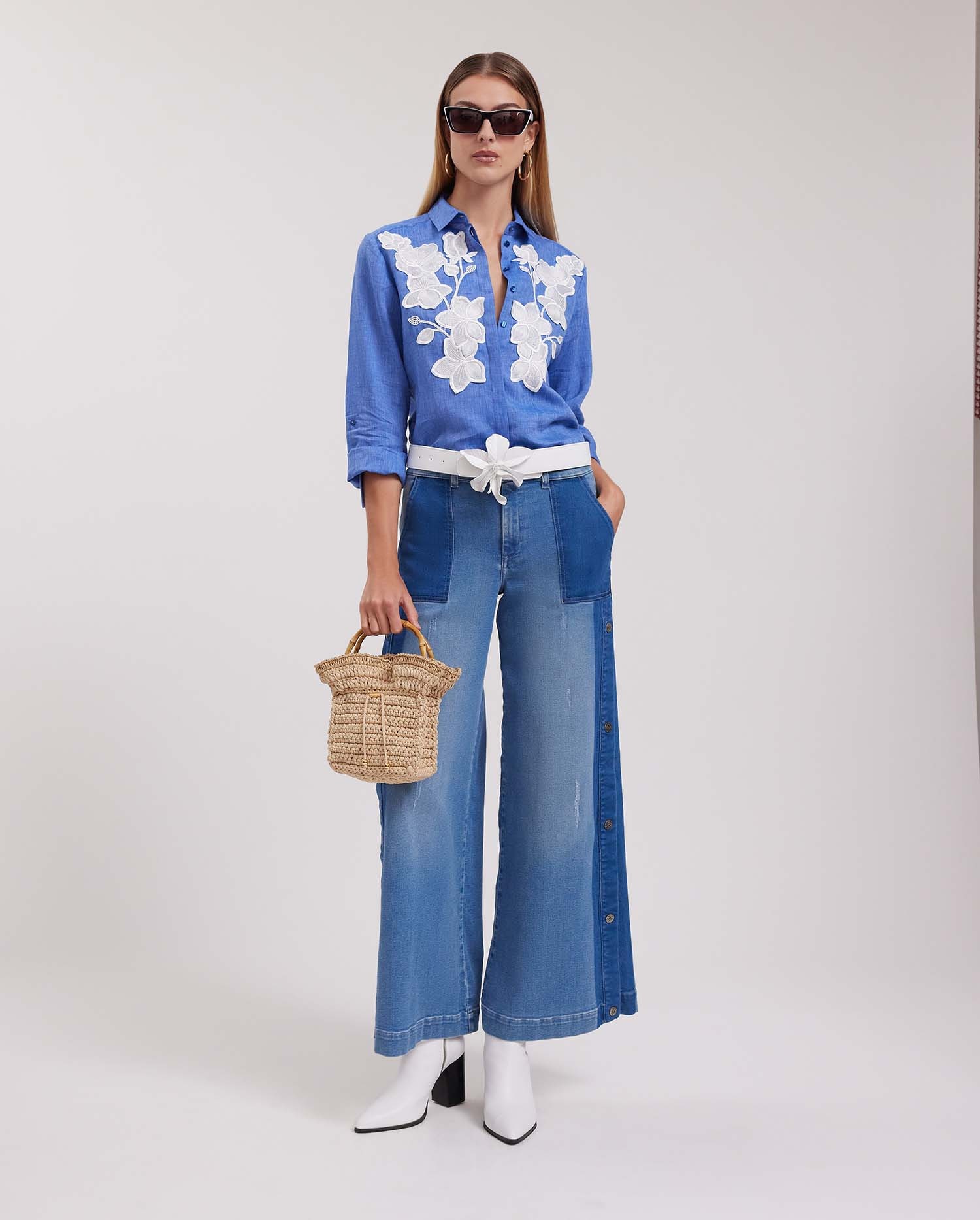 Discover the CITRON Blue Linen Shirt With White Floral Applique from ANNE FONTAINE