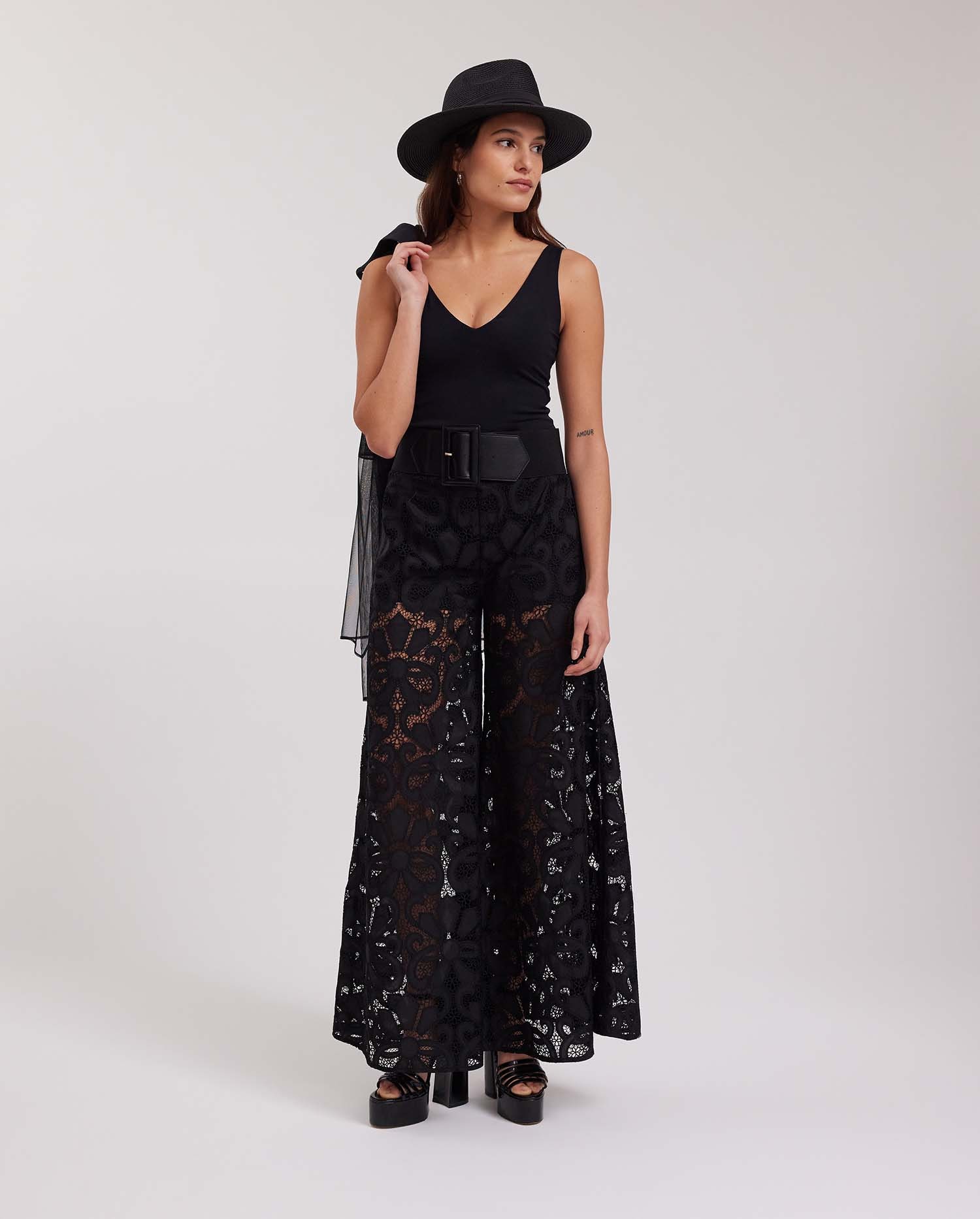 Discover the CLOTILDE Black Wide Leg Sheer Floral Lace Pant from ANNE FONTAINE