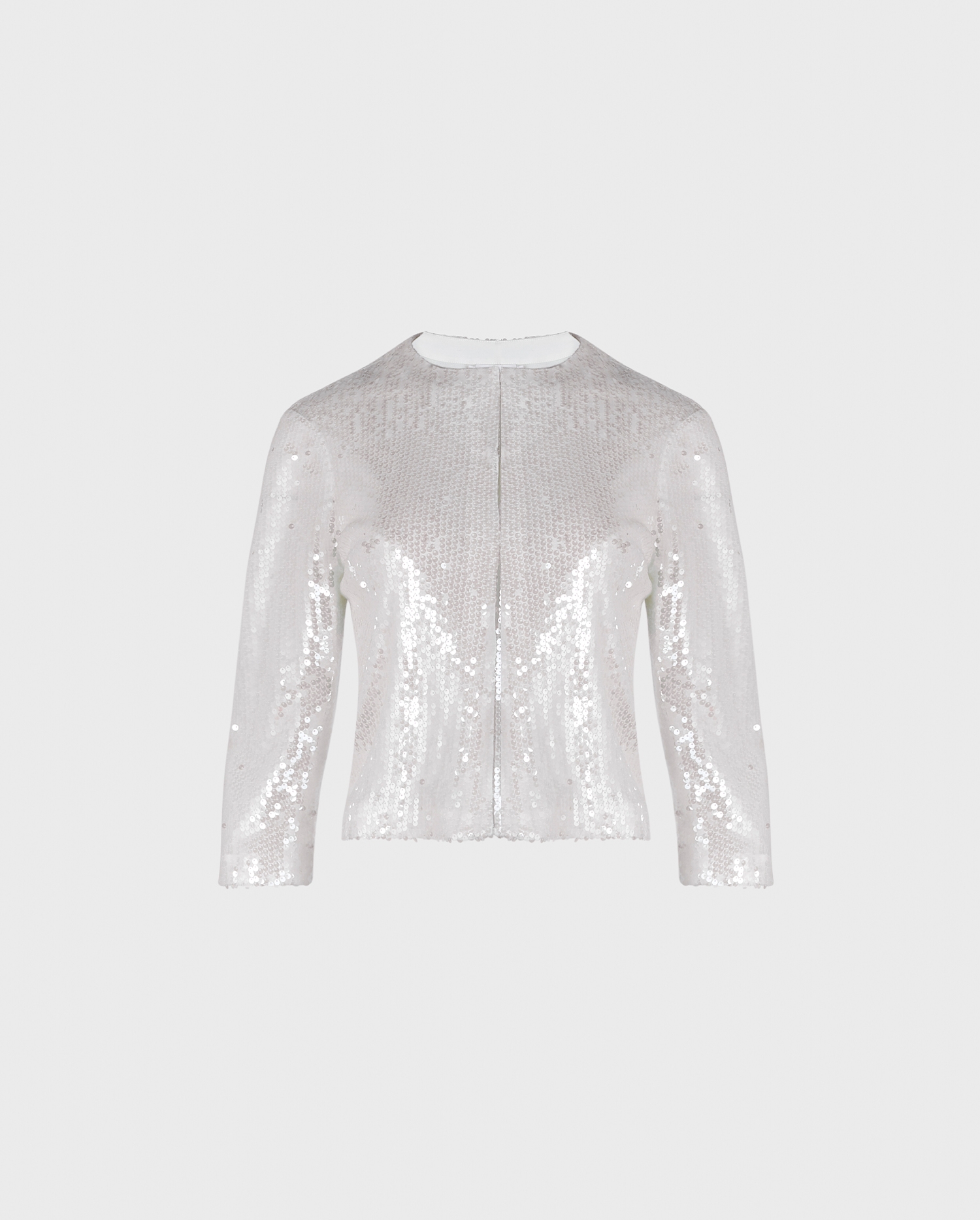 Discover the CREATIVE White Cropped Boxy Three-Quarter Sleeve Sequin Jacket from ANNE FONTAINE