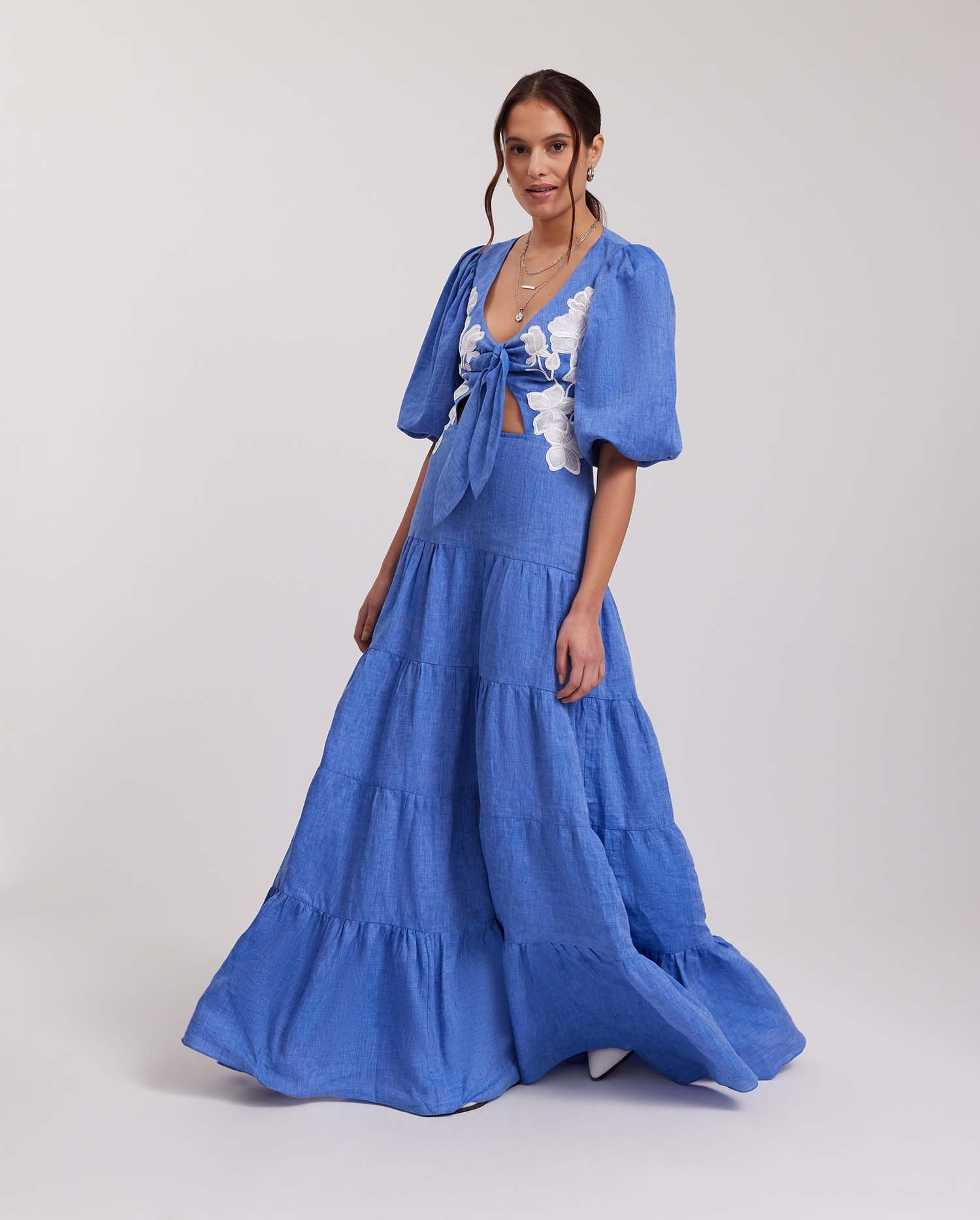 Discover the GAELLE Blue Maxi Dress With White Floral Detailing from ANNE FONTAINE