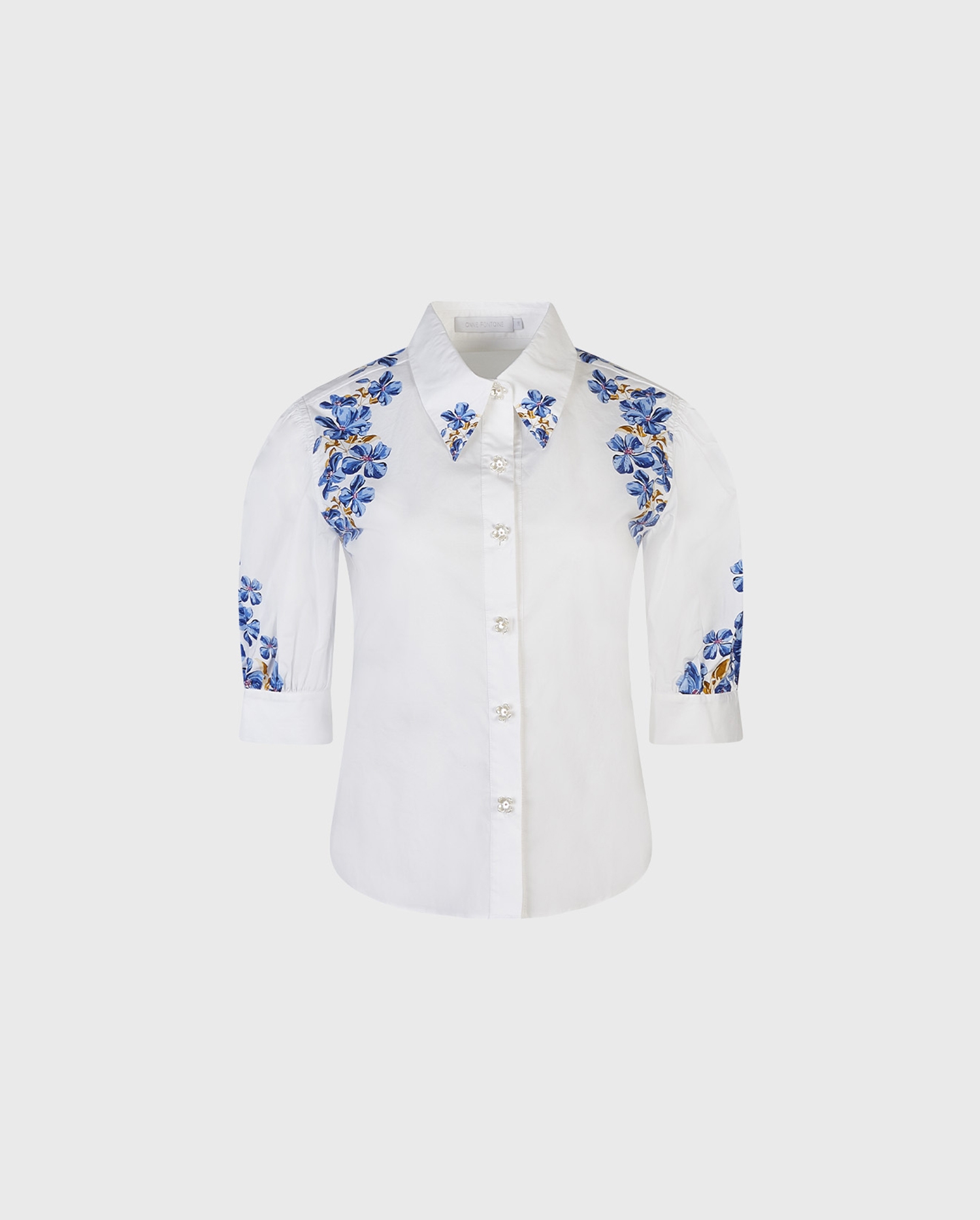 Discover the HELOISE White Cotton Poplin 3/4 Sleeve Shirt With Blue Floral Patterns from ANNE FONTAINE