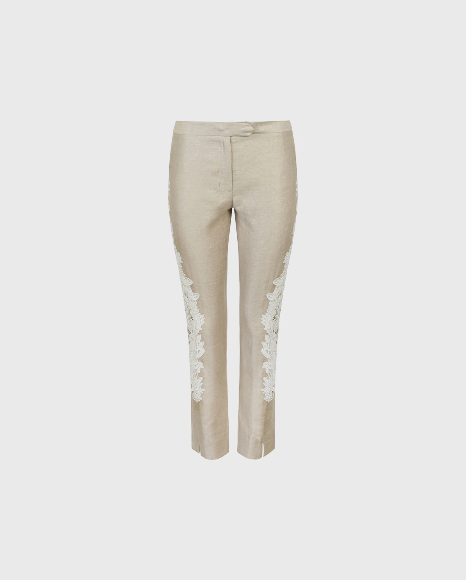 Discover the JASMIN Beige Linen Pant Featuring White Embroidered Floral Lace from designer ANNE FONTAINE