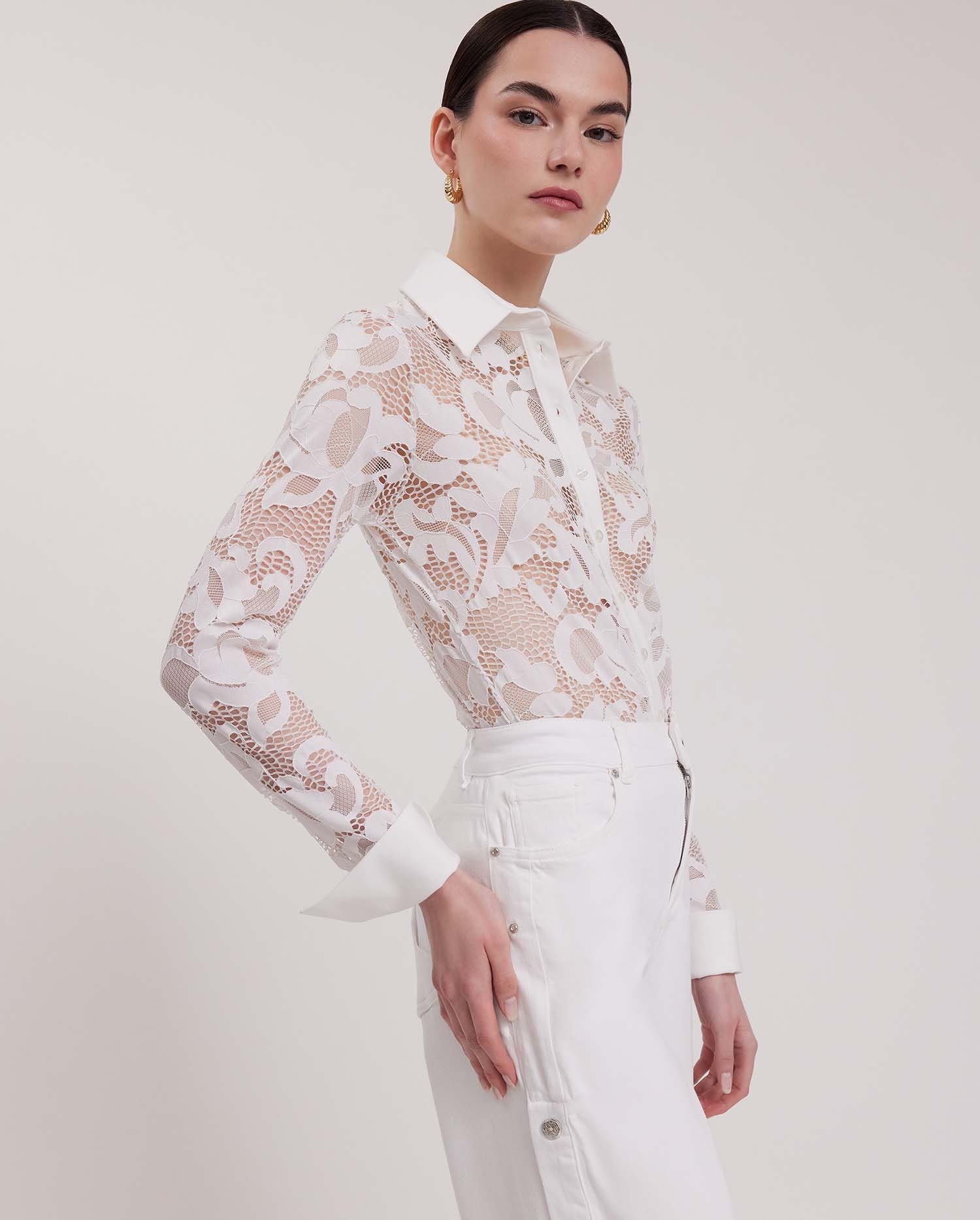 Discover the JOANNA White Sheer Stretch Lace Button Up Shirt With Point Collar from ANNE FONTAINE