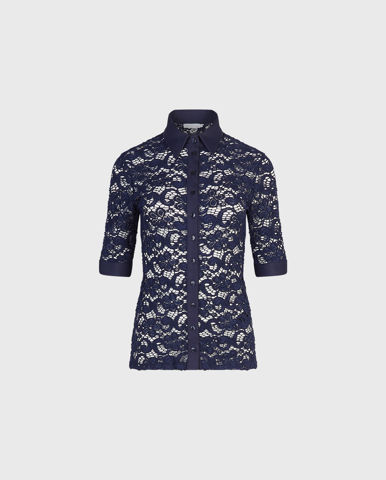 Discover the JUDITH Navy Short Sleeve Lace Button Up Blouse from ANNE FONTAINE