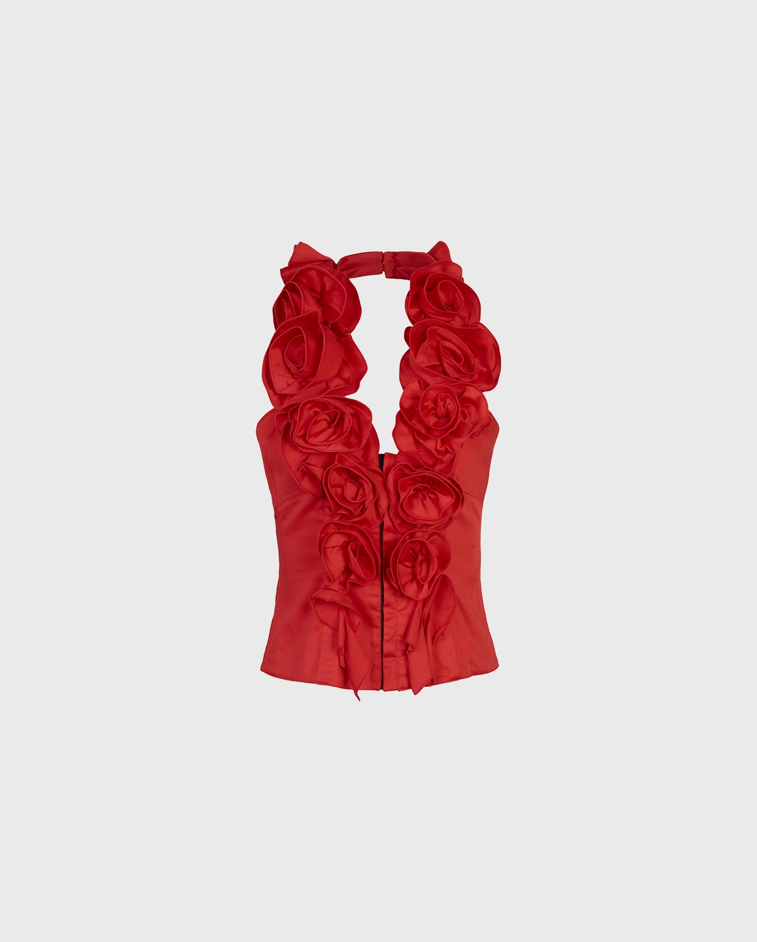 Discover the KAHELA Red Halter Top With Deep V-Neckline and 3D Rosettes from designer ANNE FONTAINE