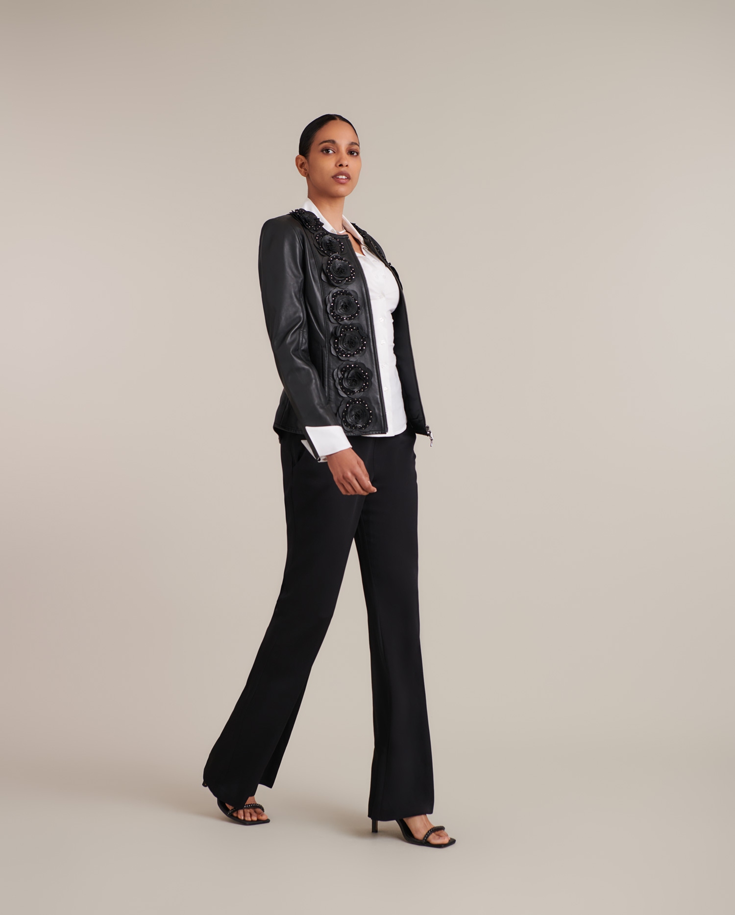 Discover the LORYNA Black Leather Jacket With Front Flowers