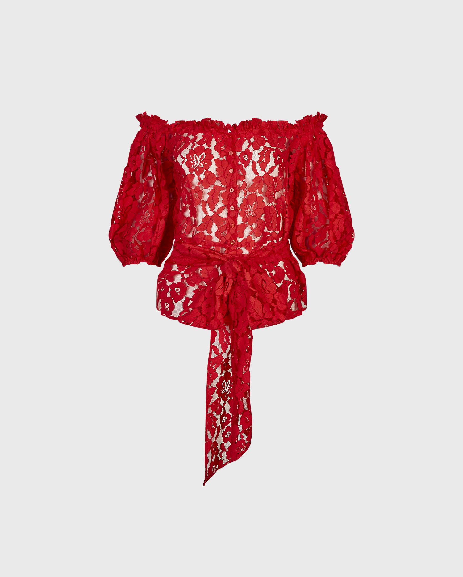 Discover the LUCILLE Red Off The Shoulder Sheer Floral Lace Shirt With Removable Tie Belt from designer ANNE FONTAINE