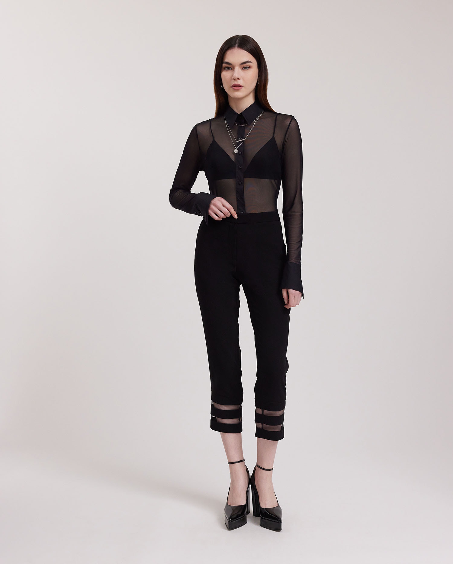 Discover the AVRIL Black Long Sleeve Sheer Mesh Shirt from ANNE FONTAINE