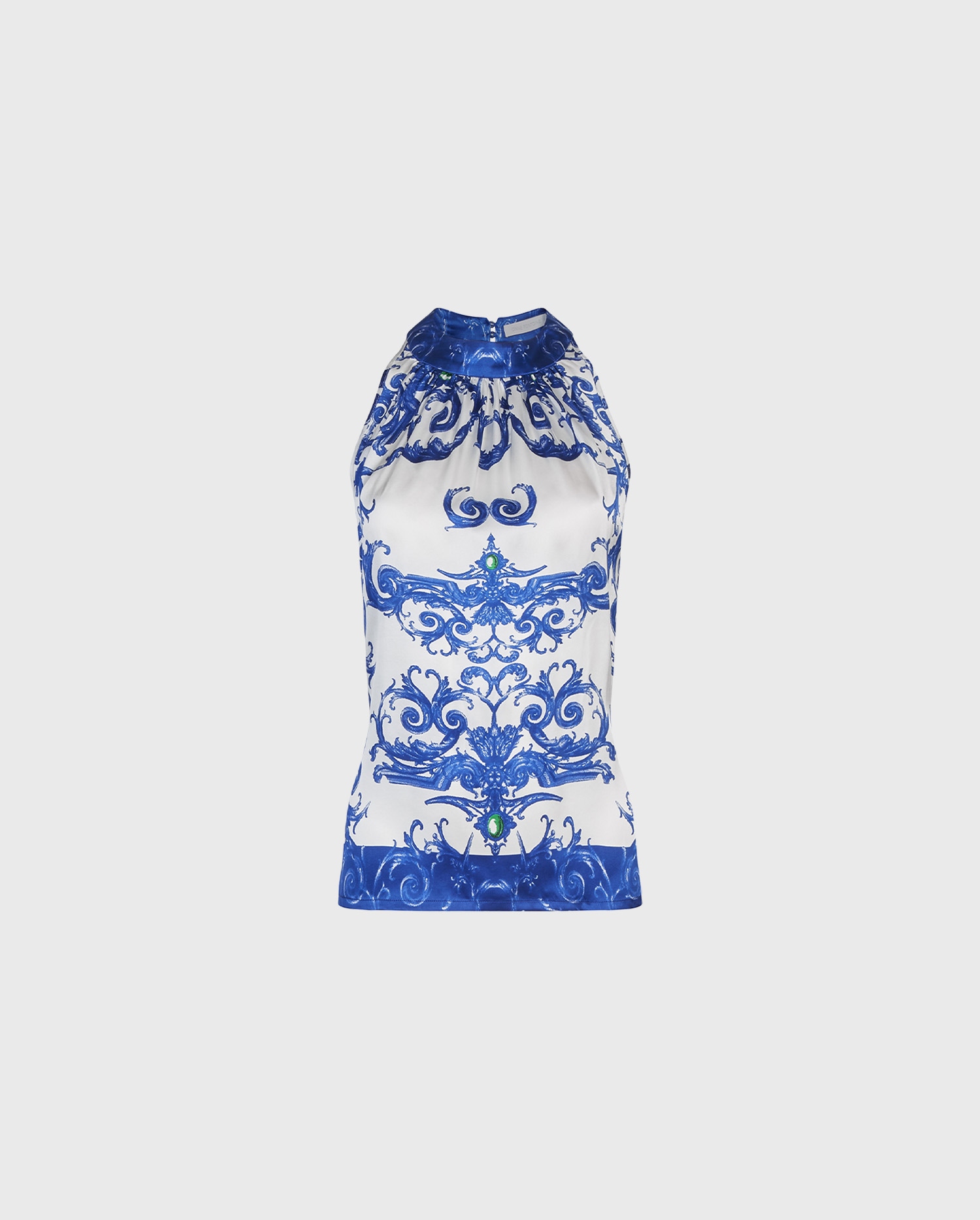 Discover the PRADO Blue and White Silk Halter Top With Arabesque Pattern from ANNE FONTAINE