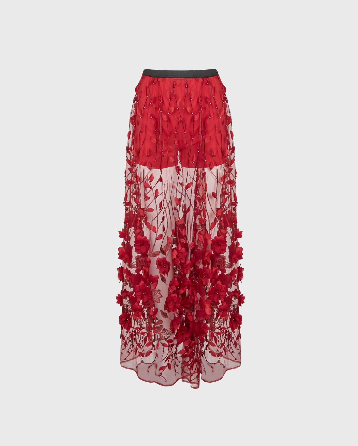 Discover the SANDY Long Red Sheer Net Skirt With Embroidered Flowers and Beading from ANNE FONTAINE