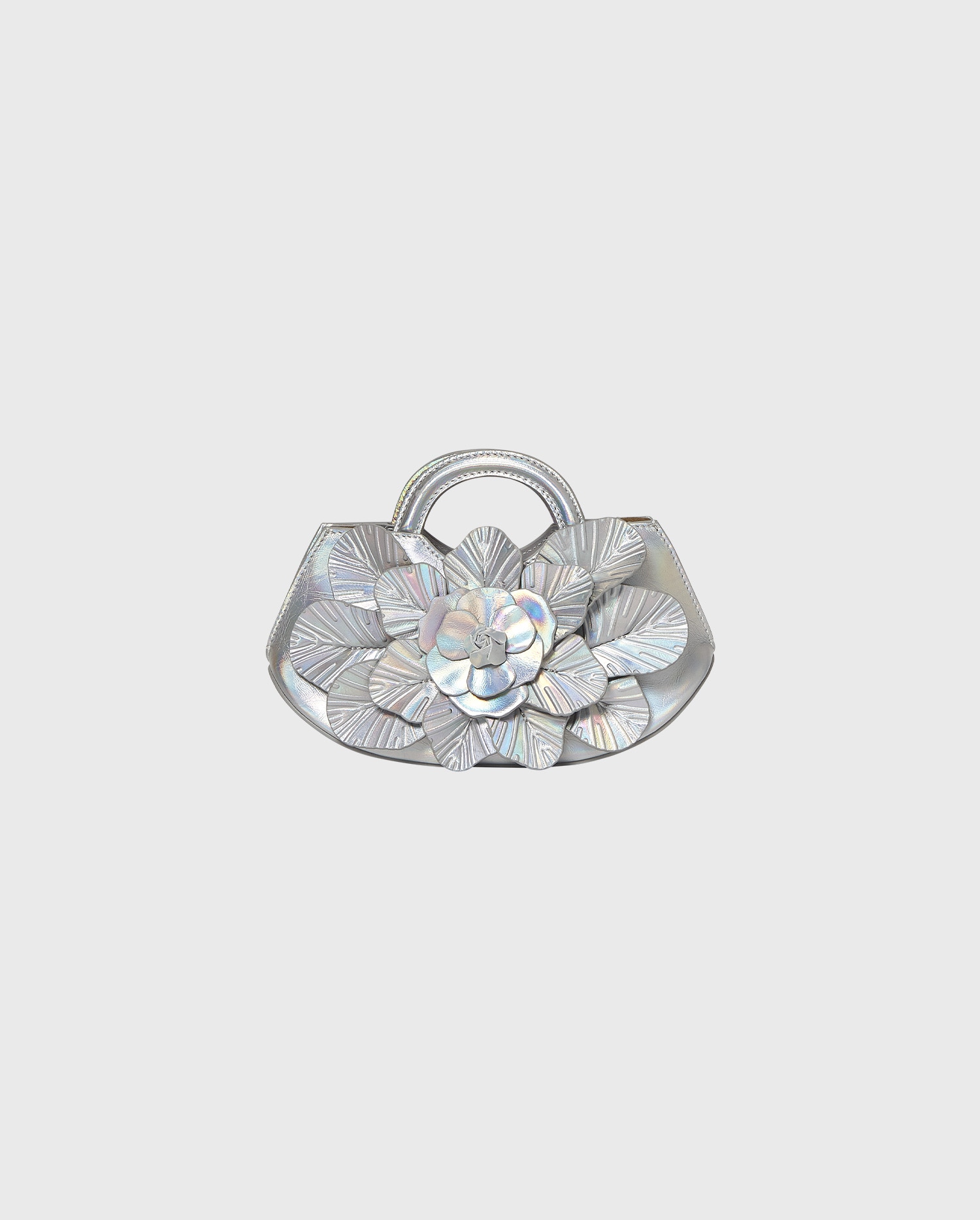 Discover the SCARLETT Silver Iridescent Leather Mini Floral Handbag from designer ANNE FONTAINE