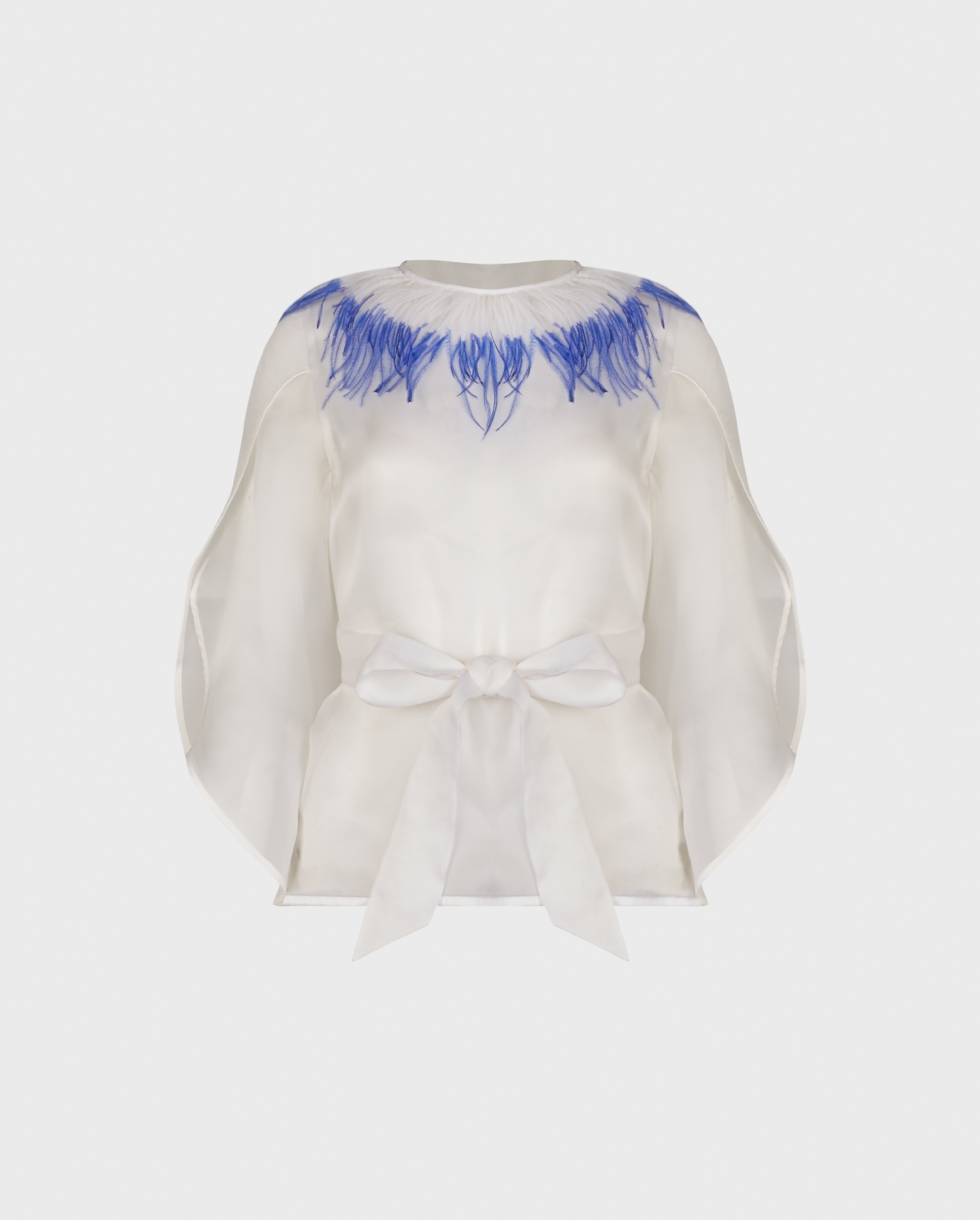 Discover the STELLINA White Sheer Organza Shirt With Blue Dyed Feathers Around Collar from ANNE FONTAINE