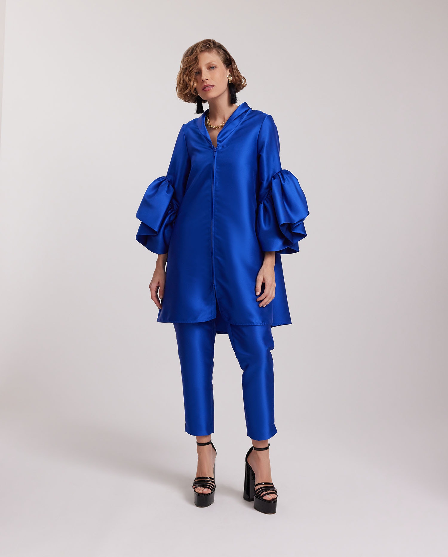 Discover the TROPIQUE Oversized Blue Silk Inspired Jacket with Tulip Sleeves from ANNE FONTAINE