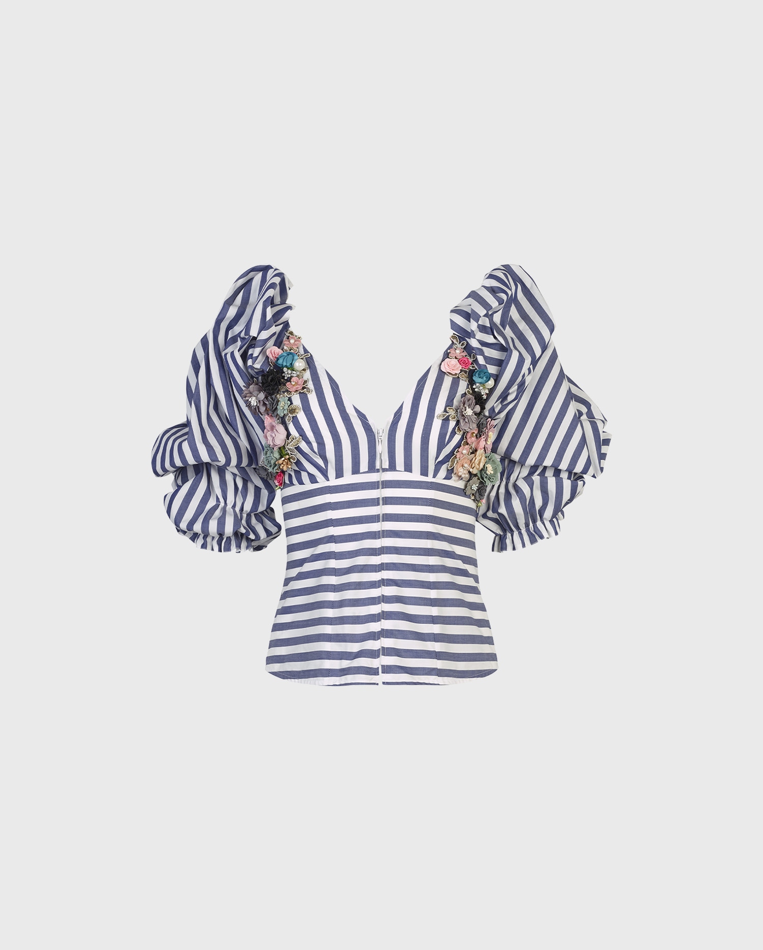 Discover the TULIPE Tulipe Blouse  Blue & White Striped Blouse With Exaggerated Sleeves & 3D Colorful Floral Applique & Corset Back designer ANNE FONTAINE