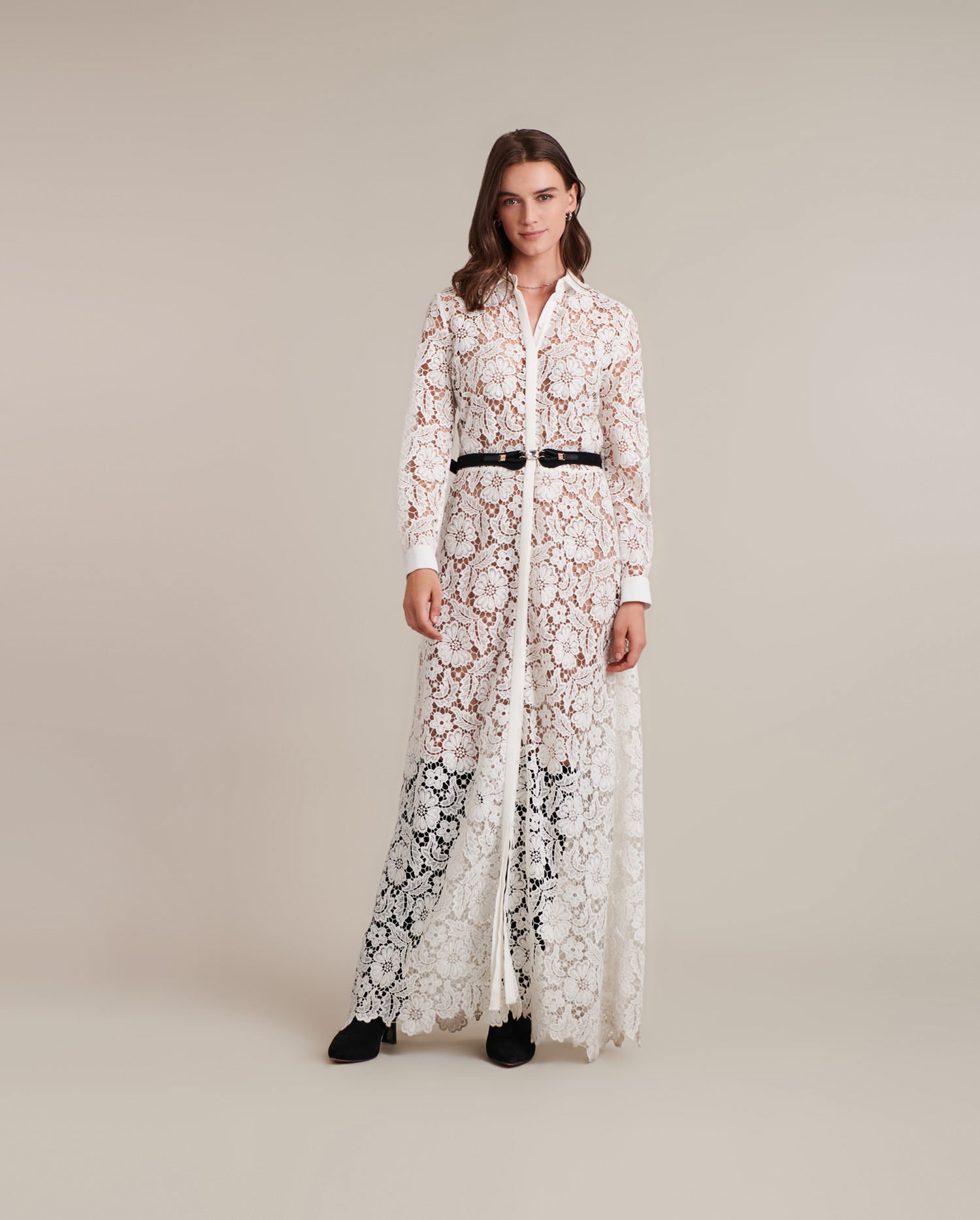 Discover the VIOLETA White Semi-Sheer Floral Lace Long Dress
