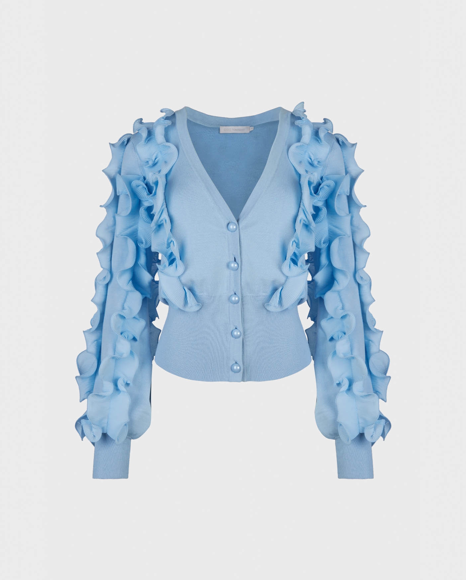 Discover the CILINE Blue Long Sleeve Ruffle Covered Cardigan With Deep V-Neckline from ANNE FONTAINE