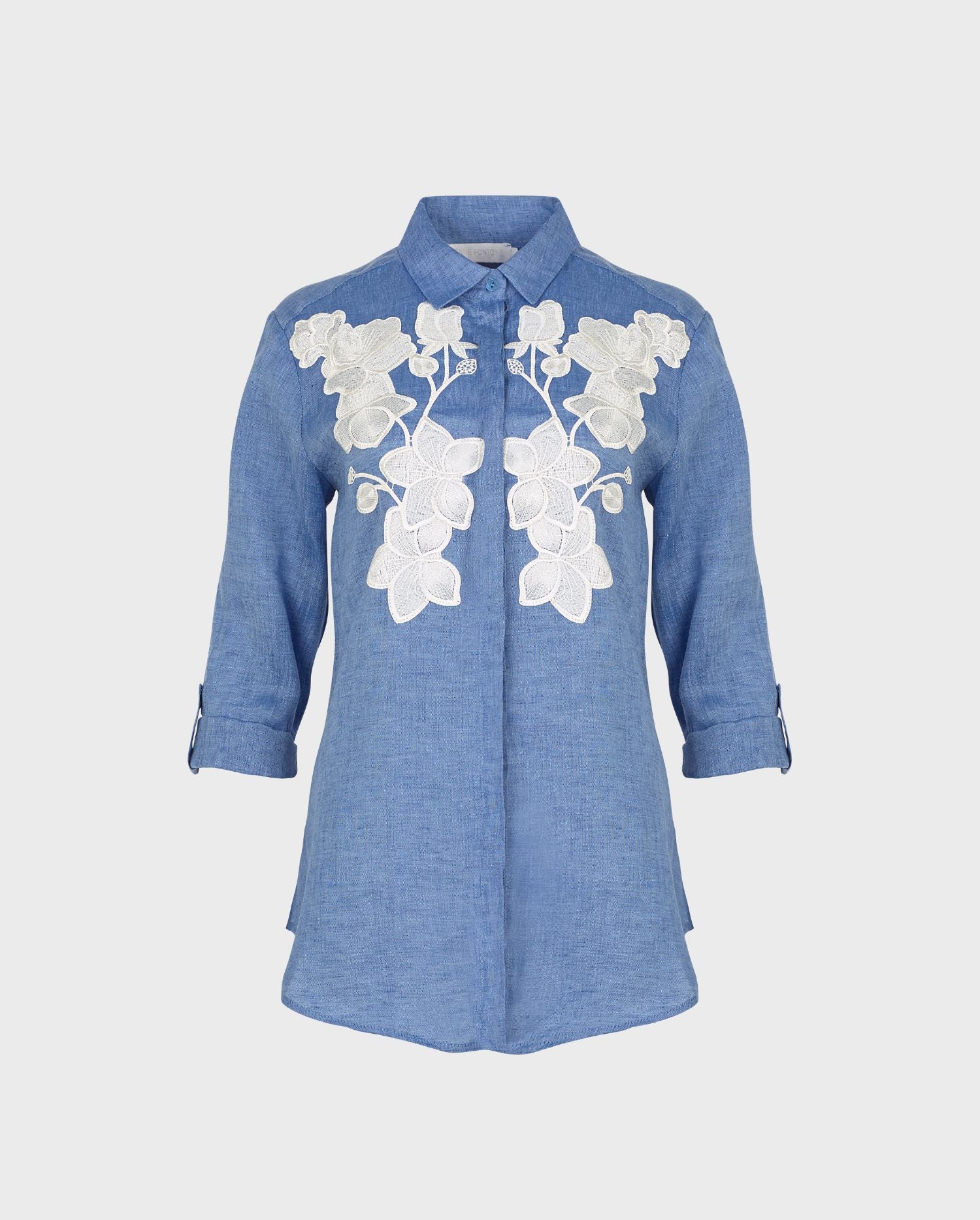 Discover the CITRON Blue Linen Shirt With White Floral Applique from ANNE FONTAINE