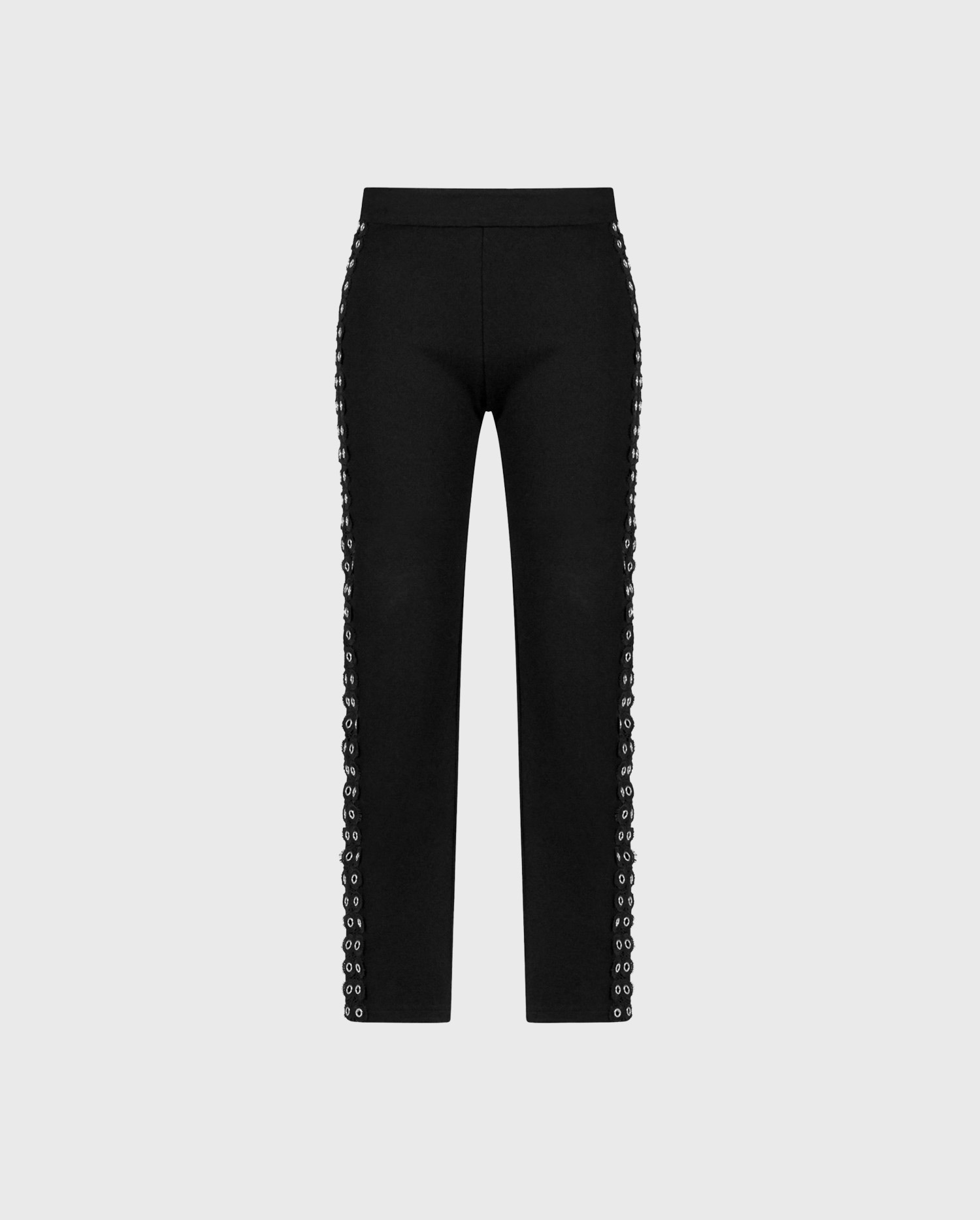 Discover the LEAN Stretchy Milano Leggings With Silver Grommet and Lace Details