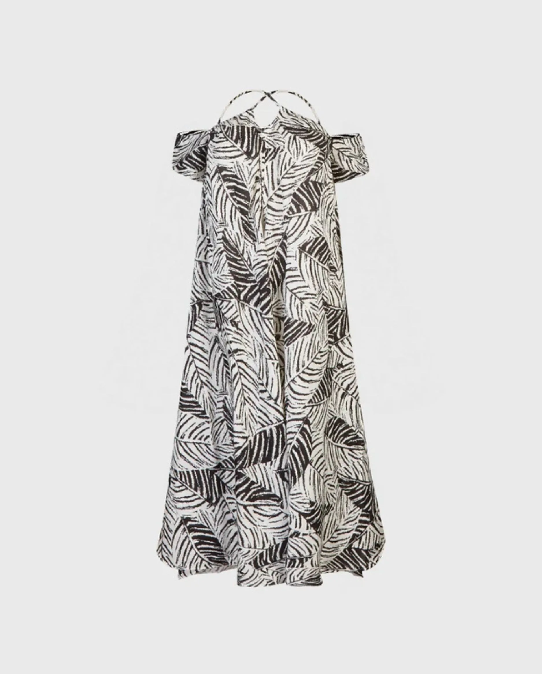 Discover the AGATHE Black & White Patterned Linen Off The Shoulder Tunic Dress With Tie Neckline by designer ANNE FONTAINE
