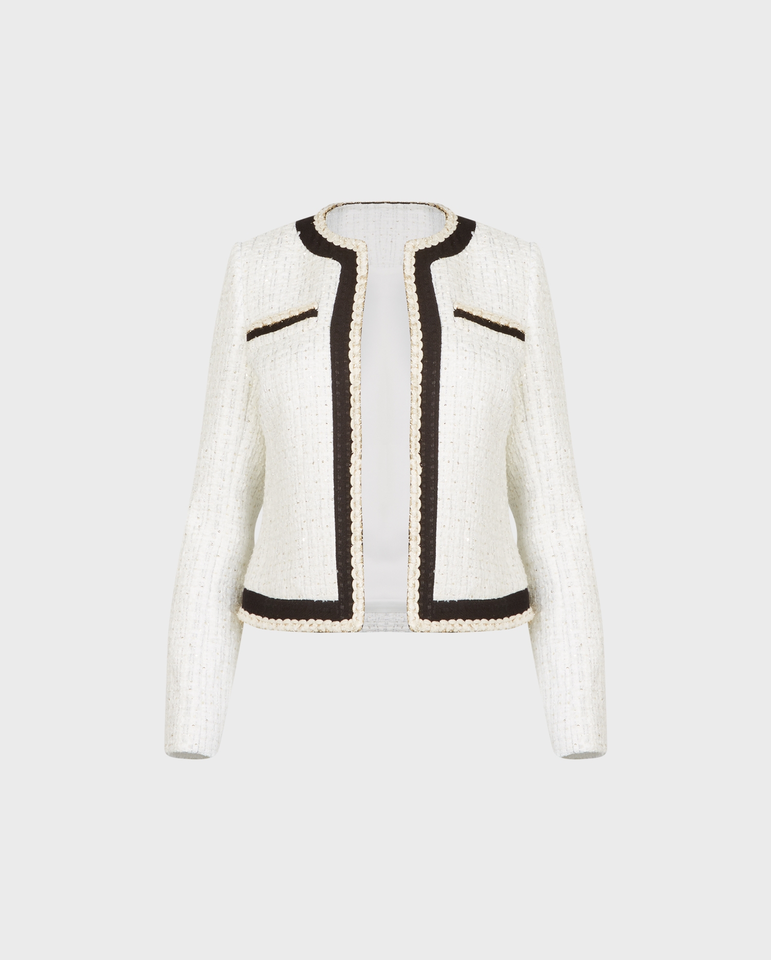 Discover the Antoina White Tweed Jacket With Black & Gold Trim Along Center & Pockets from designer ANNE FONTAINE