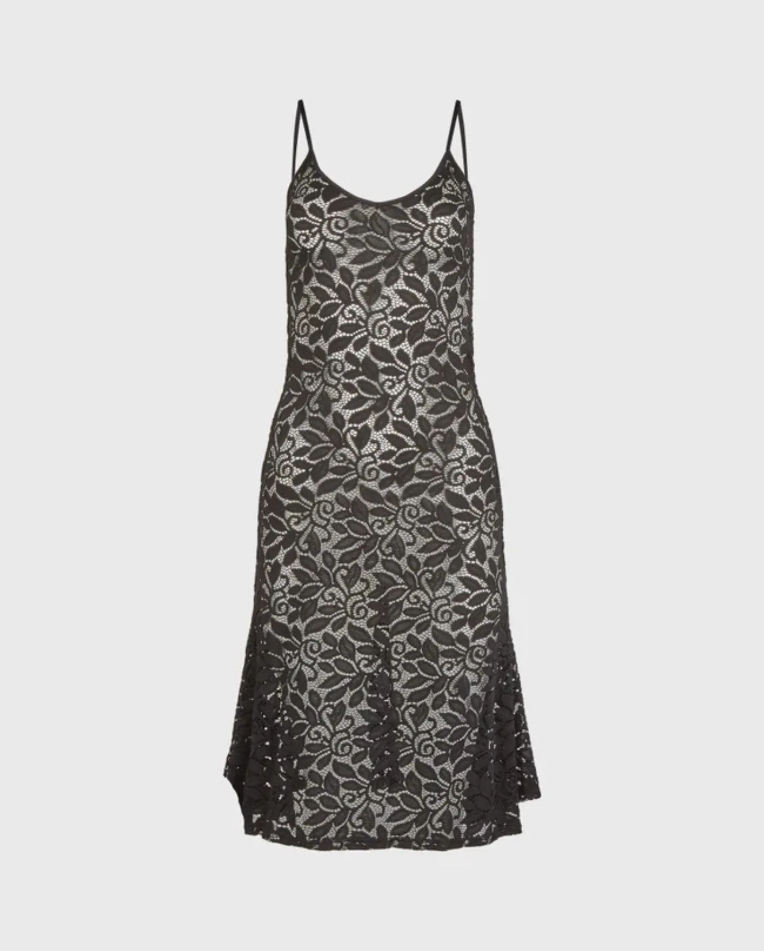 Discover the AFIDA Black Thin Strap Floral Lace Midi Dress by designer ANNE FONTAINE.
