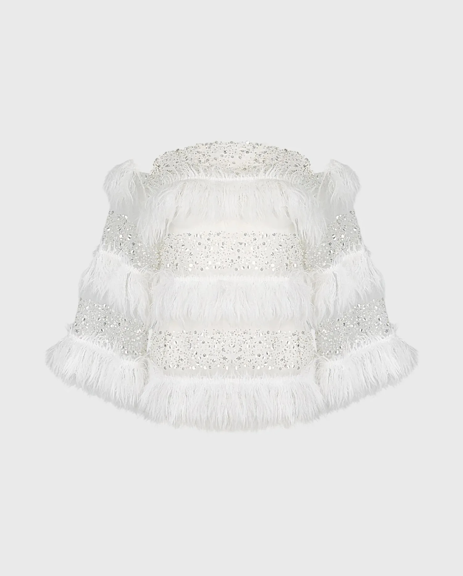 Discover the ALBAH Moon White Sheer Pullover Blouse With Alternating Horizontal Bands Of Beaded Sequins & Feathers from designer ANNE FONTAINE