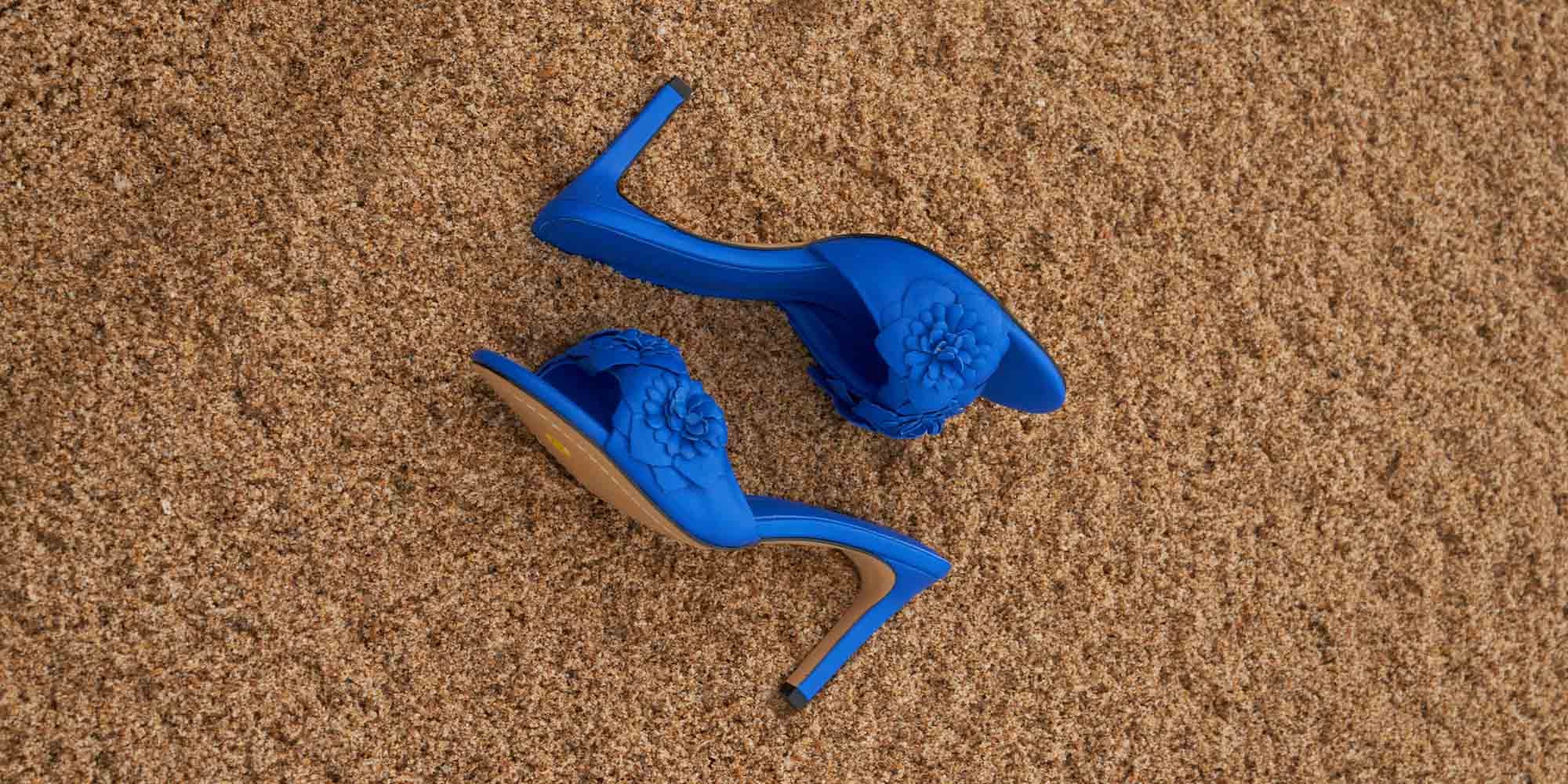 Discover The Camomille Leather Sandal Heels With 3D Flowers in Blue From ANNE FONTAINE