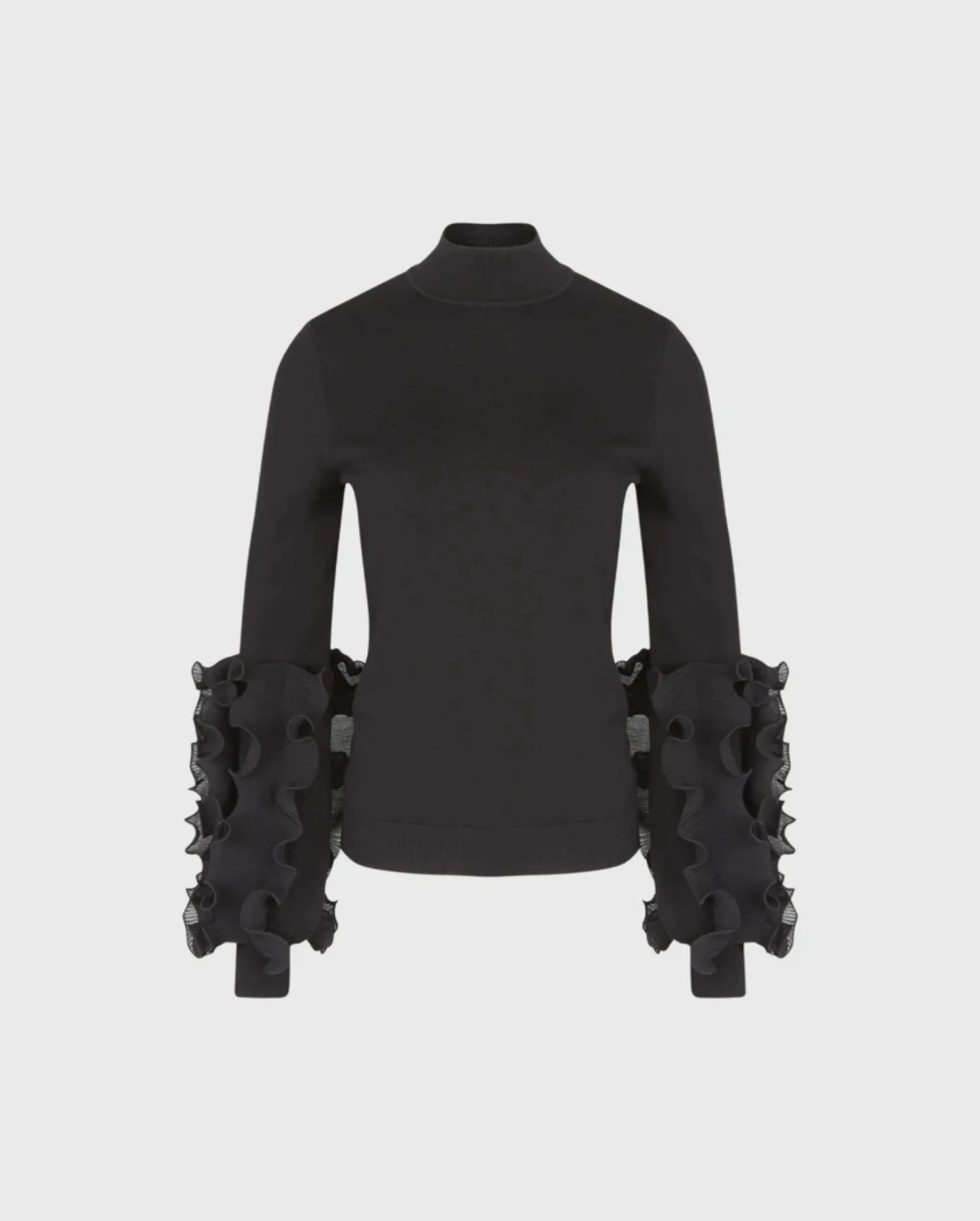 Discover the LANKA Long Sleeve Black Viscose Knit Mockneck Pullover with Dramatic Textured Sleeves by designer ANNE FONTAINE