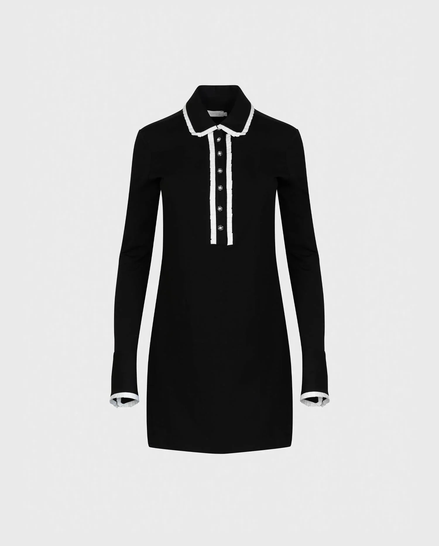 Discover the ESTAMPE Black Long Sleeve Dress Featuring Classic Collar and Half-Placket With Pleated Trims by designer ANNE FONTAINE