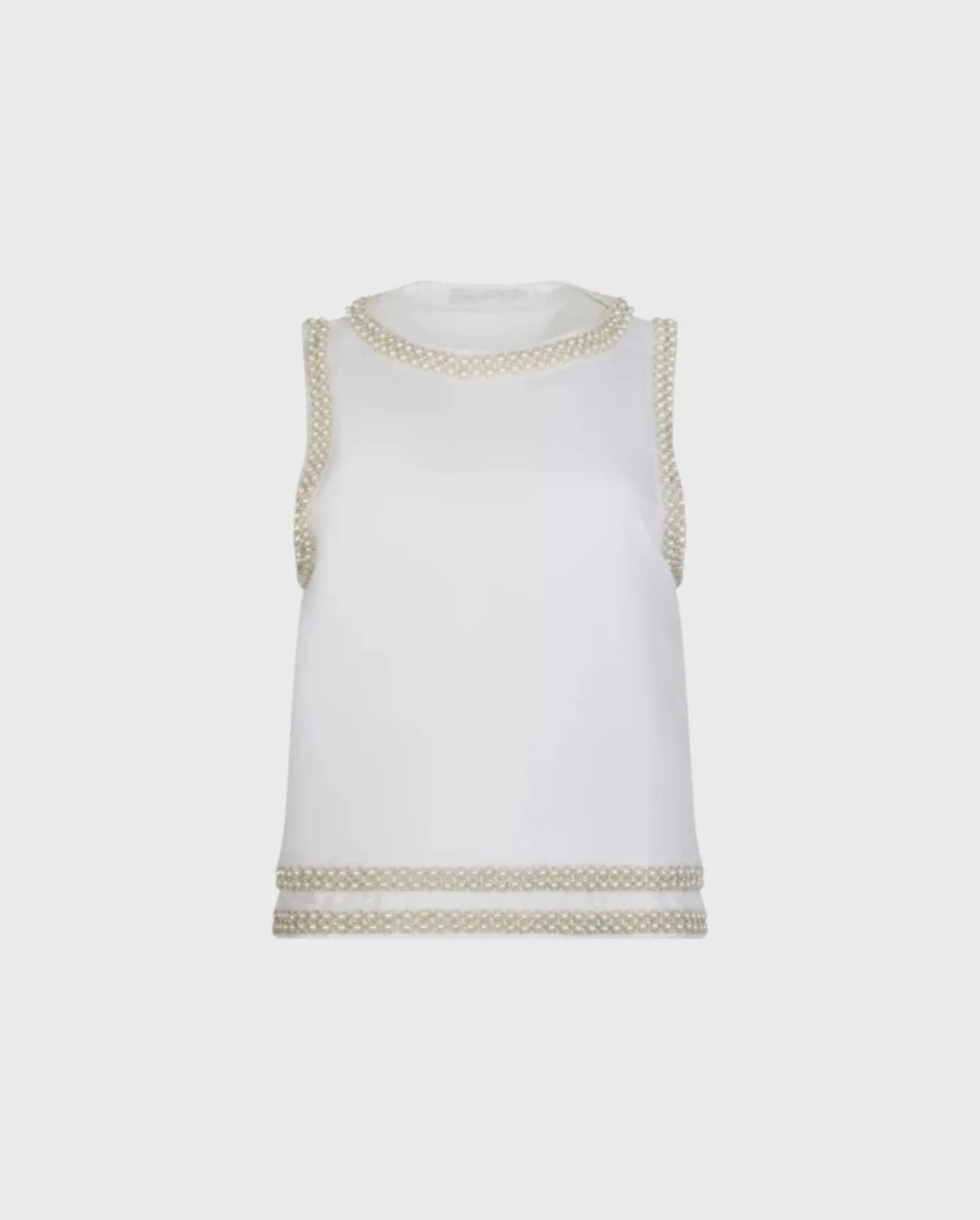 Discover the BENITA White Linen Sleeveless Pullover Shirt With Pearls and Bead Ribbon Along the Neckline, Armholes and Hem by designer ANNE FONTAINE