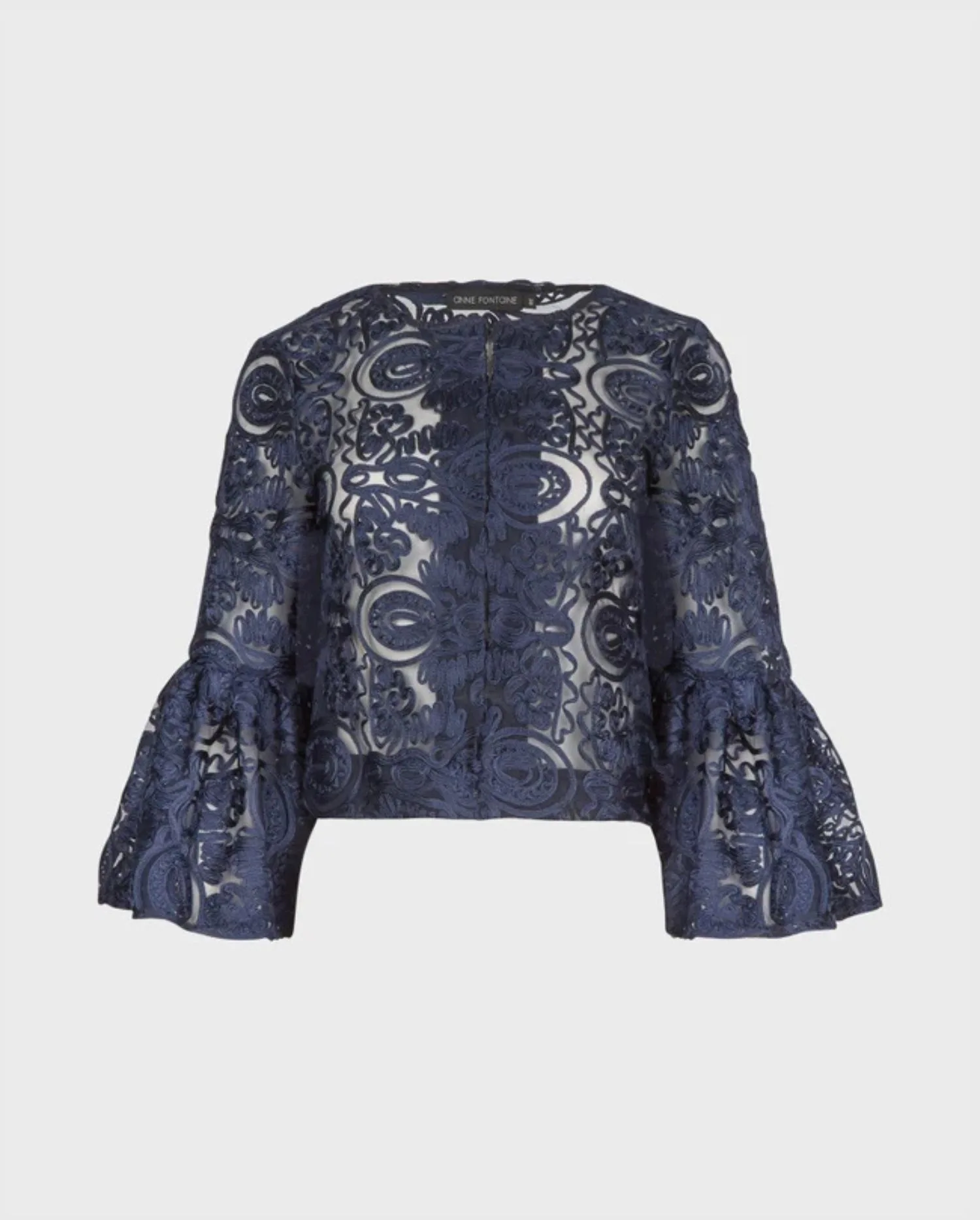 Discover the Beatriz Navy Cropped Mesh Jacket With Ribbon Embroidery and Bell Sleeves by designer ANNE FONTAINE