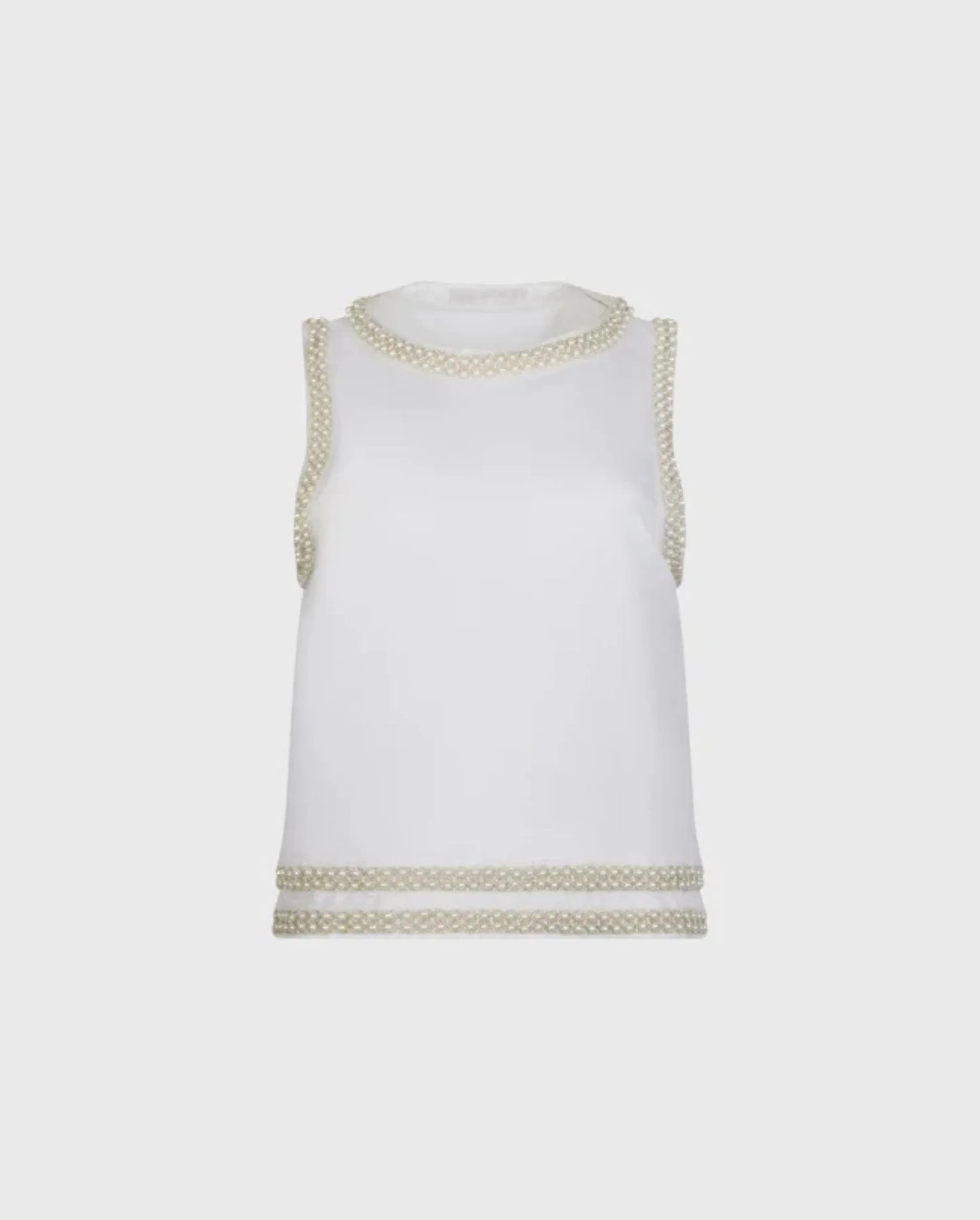 Discover the BENITA White Linen Sleeveless Pullover Shirt With Pearls and Bead Ribbon Along the Neckline, Armholes and Hem by designer ANNE FONTAINE.