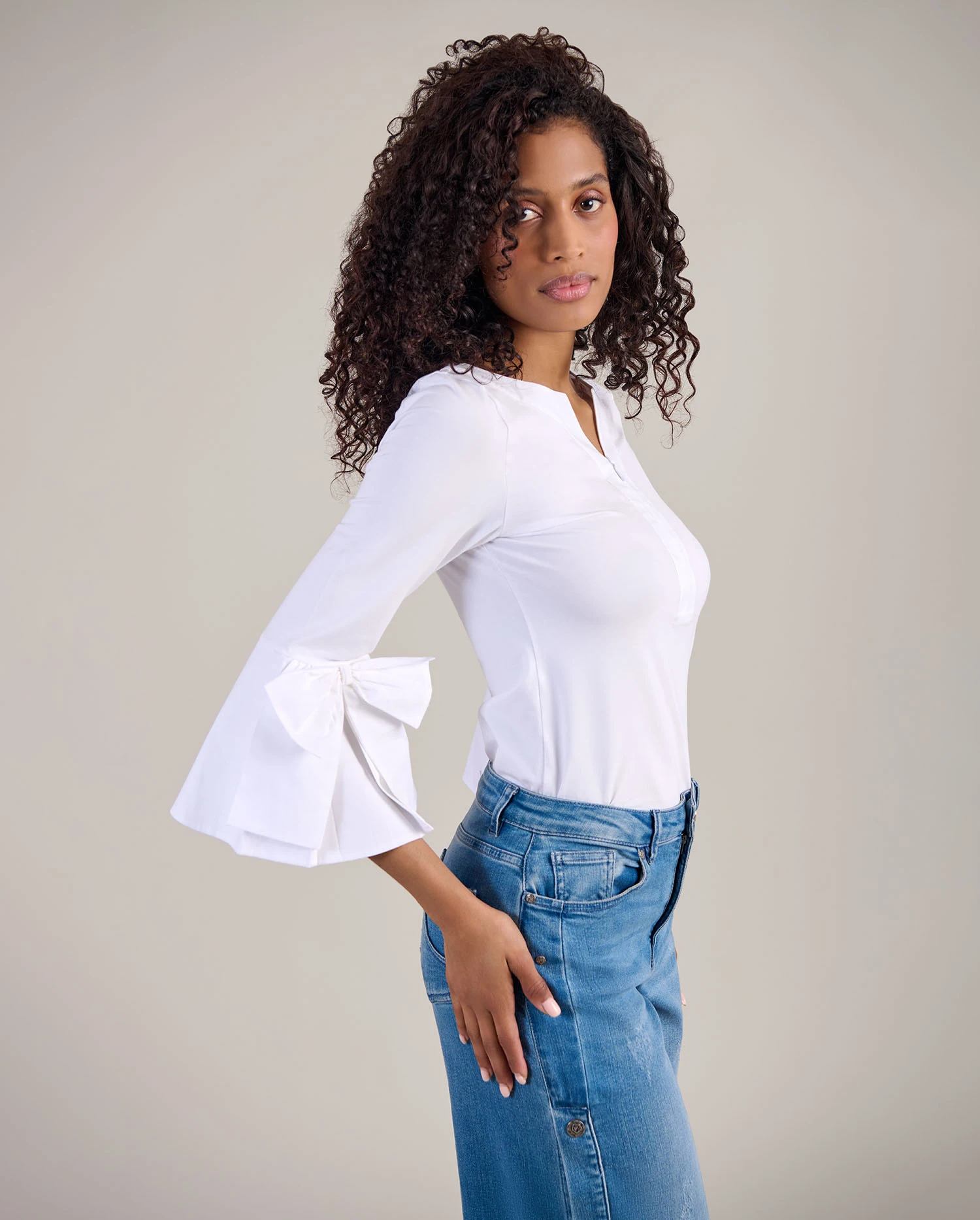 Discover the CLISSA 3/4 Sleeves Fitted Pima Top With Placed Bows from designer ANNE FONTAINE