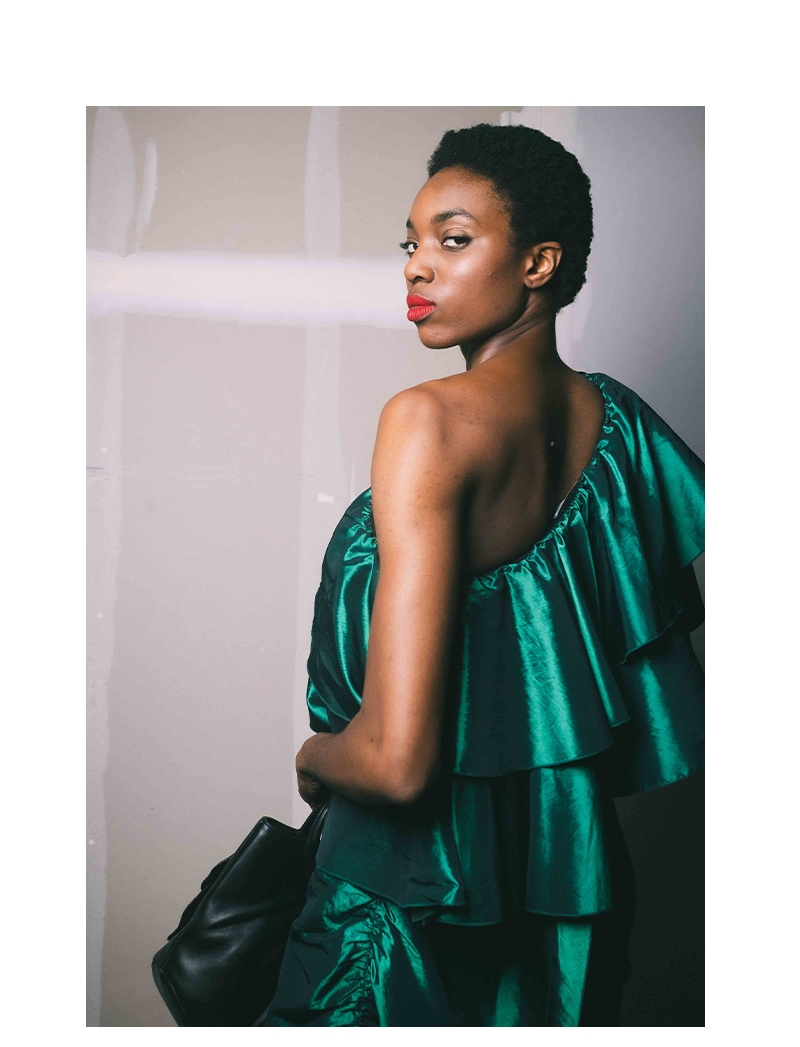 Shop the Green Egerie Off the Shoulder Blouse with Cascading Floor-Length Ruffles from designer Anne Fontaine