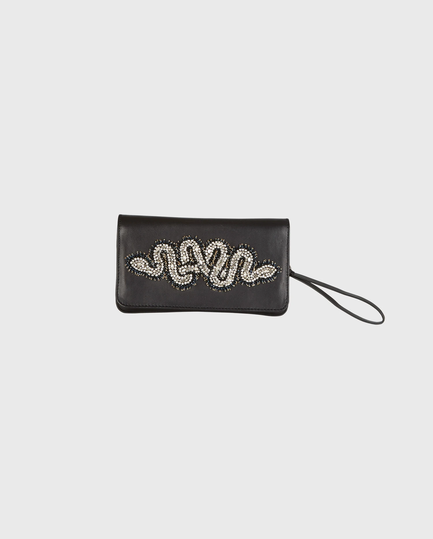 Discover the DESIRE Black Leather Handheld Clutch With Wrist Strap & Silver Embellished Snake Design from designer ANNE FONTAINE