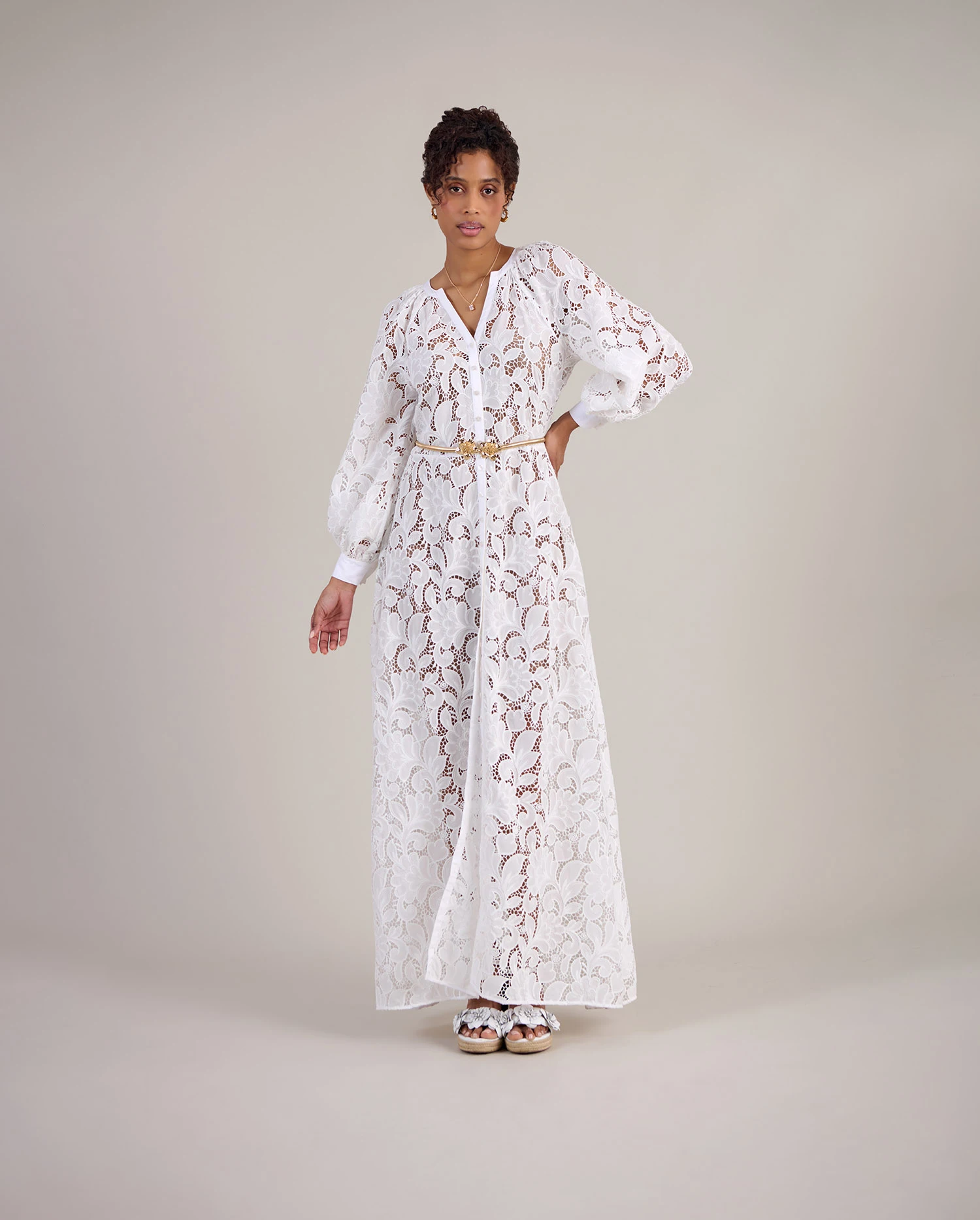 Discover the Elenia White Corded Floral Lace Maxi Dress With French Cuffs & Removable Belt from designer ANNE FONTAINE
