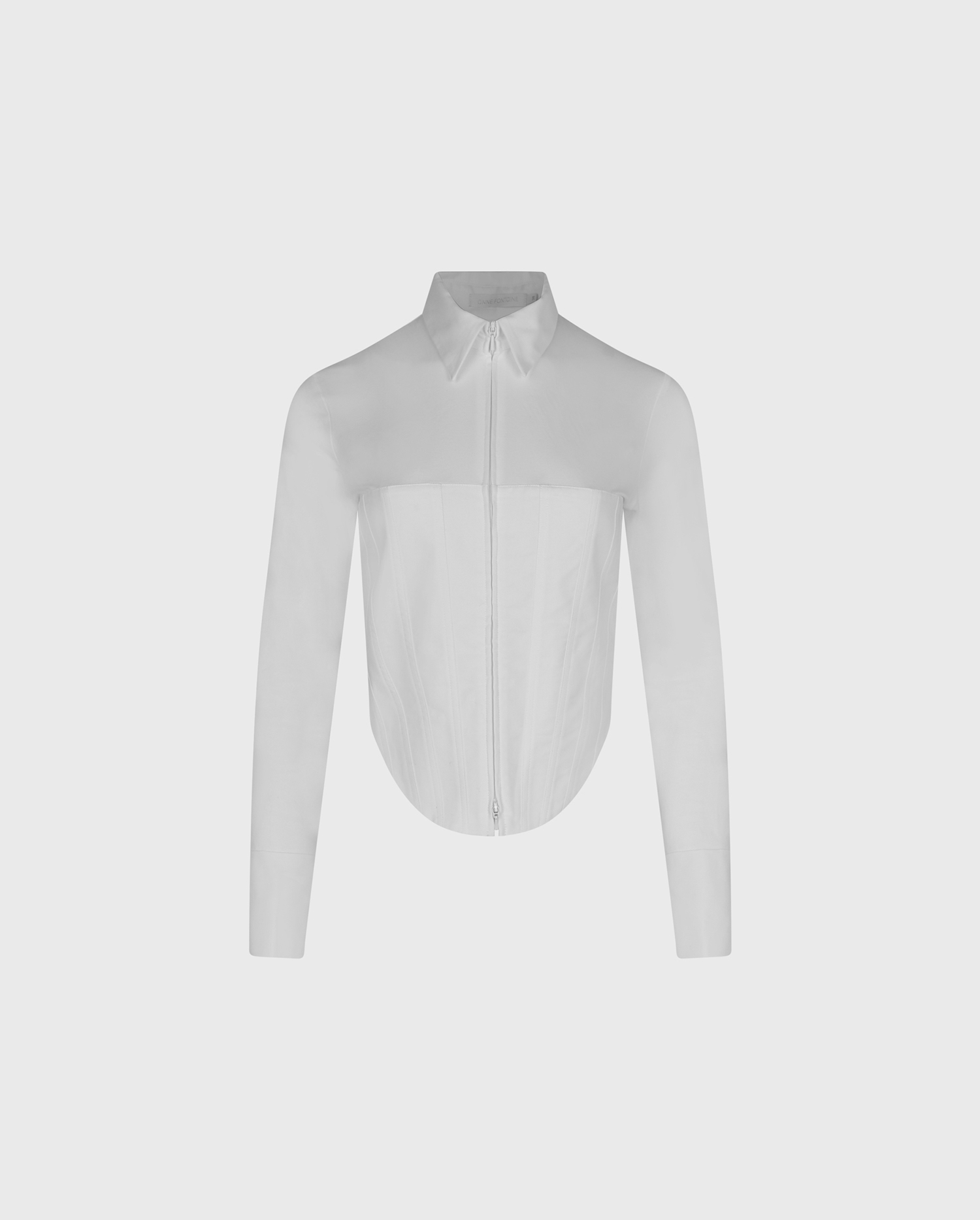 Discover the EDDIE White Long Sleeve Zip Up Jersey Knit Shirt With Pique Corset Body from designer ANNE FONTAINE